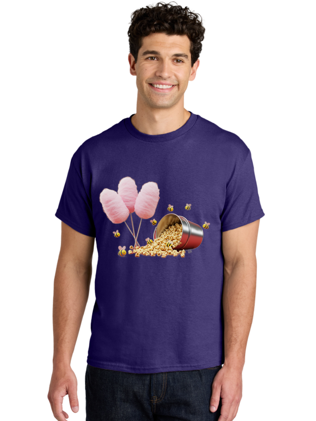 Cotton-Candy-And-Popcorn Men'S Graphic Tee, 100% Cotton, Comfortable Casual Summer Wear, Machine Washable, Cotton Candy, Popcorn, Bees, Sweet Treats, Party Snacks, Carnival Food, Delicious Desserts, Yellow And Black Bees, Fluffy Cotton Candy Bac919