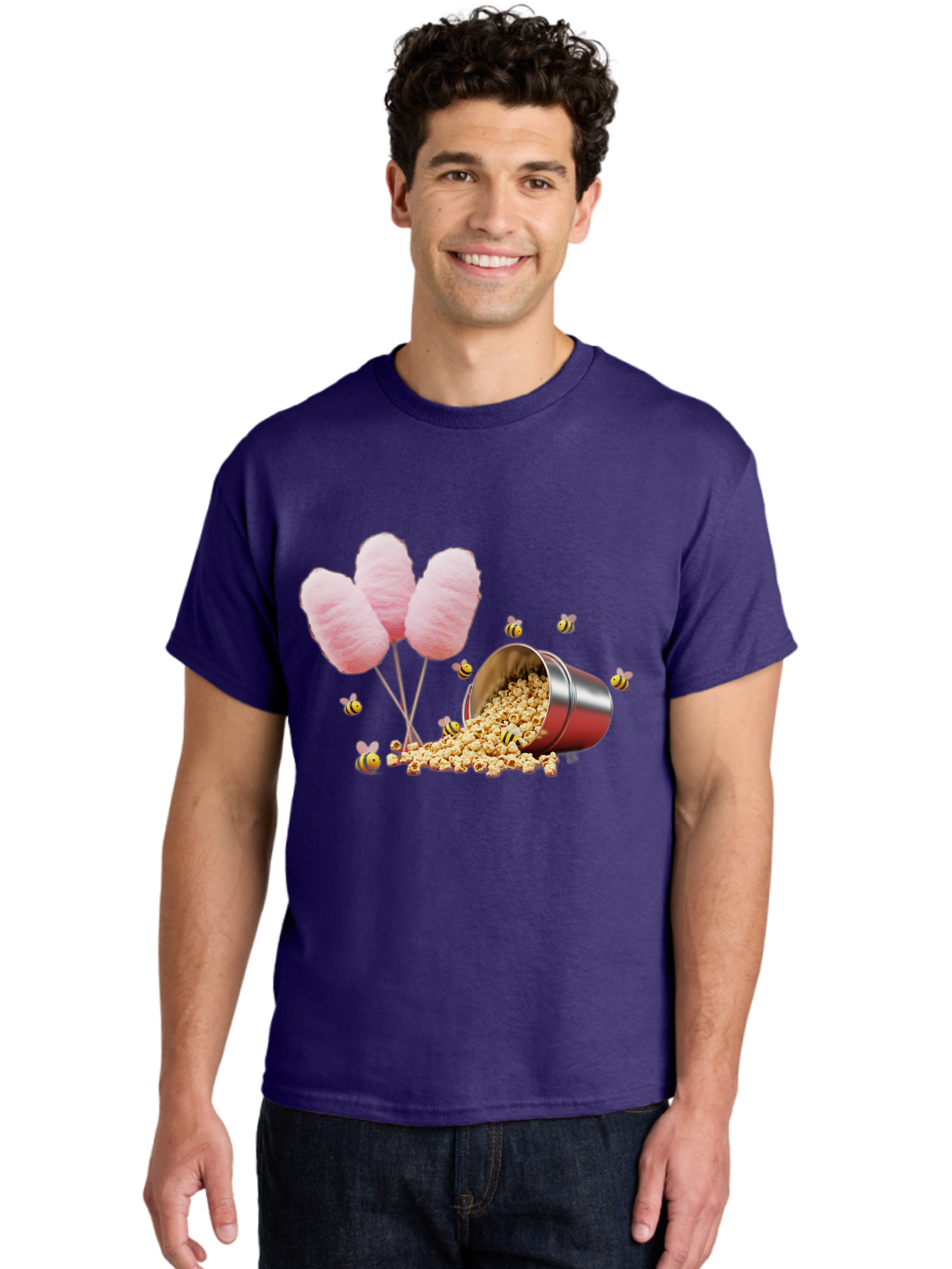 Cotton-Candy-And-Popcorn Men'S Graphic Tee, 100% Cotton, Comfortable Casual Summer Wear, Machine Washable, Cotton Candy, Popcorn, Bees, Sweet Treats, Party Snacks, Carnival Food, Delicious Desserts, Yellow And Black Bees, Fluffy Cotton Candy Bac919