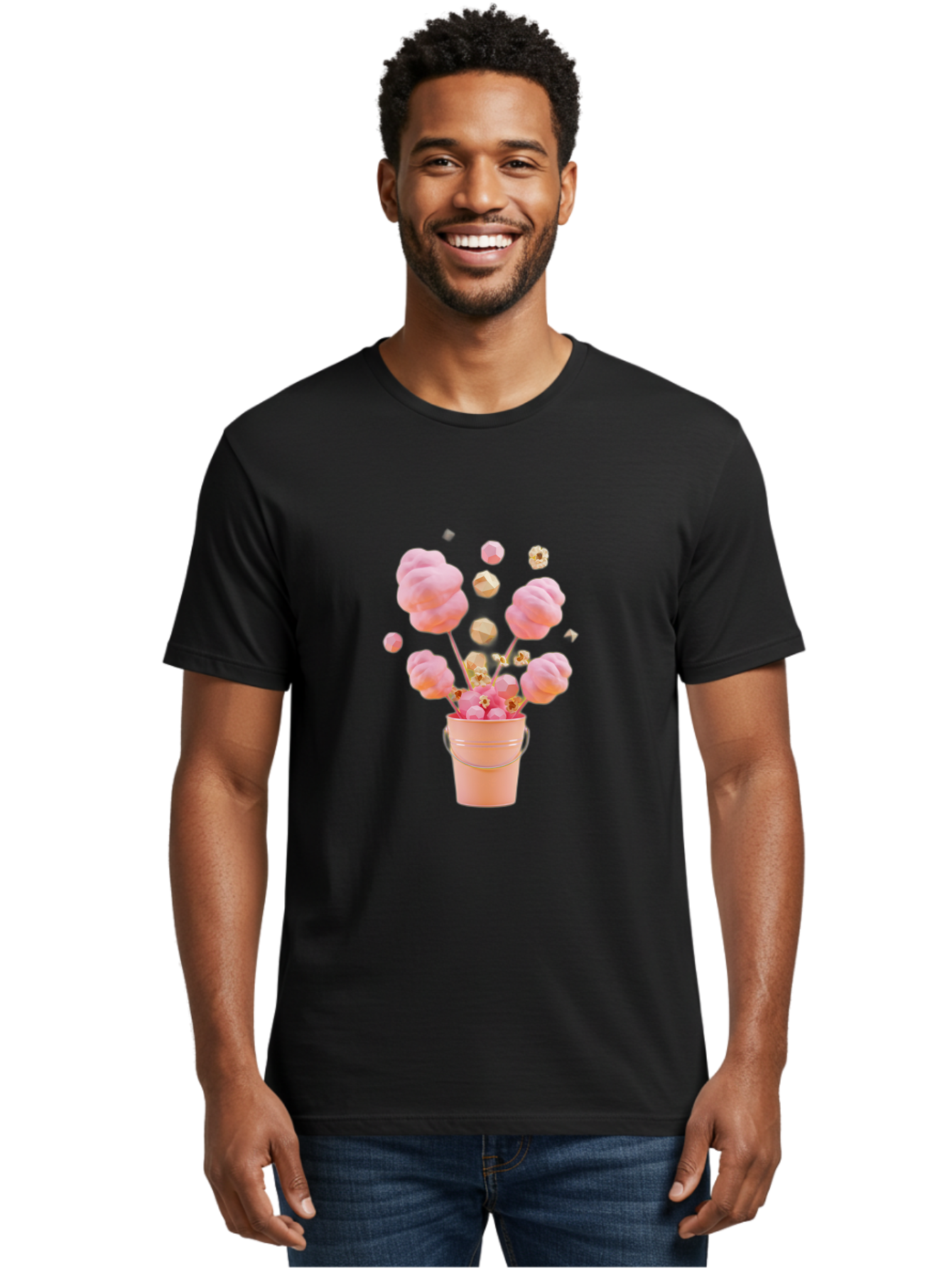 Cotton-Candy-Bucket Men'S Graphic Tee, 100% Cotton, Comfortable Casual Summer Wear, Machine Washable, Pink Cotton Candy, Candy In Bucket, Sweet Treats, Fluffy Candy, Cotton Candy, Sweet Pink, Candy Bucket, Colorful Candy, Whimsical Dessert Bac920