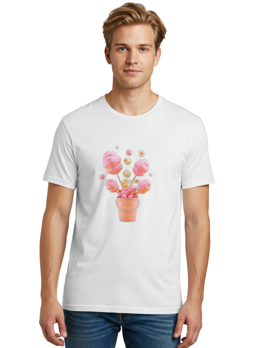 Cotton-Candy-Bucket Men'S Graphic Tee, 100% Cotton, Comfortable Casual Summer Wear, Machine Washable, Pink Cotton Candy, Candy In Bucket, Sweet Treats, Fluffy Candy, Cotton Candy, Sweet Pink, Candy Bucket, Colorful Candy, Whimsical Dessert Bac920