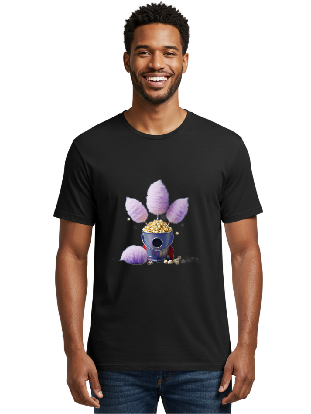 Cotton-Candy-Machine Men'S Graphic Tee, 100% Cotton, Comfortable Casual Summer Wear, Machine Washable, Cotton Candy Machine, Popcorn, Fluffy Treats, Carnival Delights, Sweet Tooth, Fun Snacks, Party Favors, Whimsical Dessert Bac922