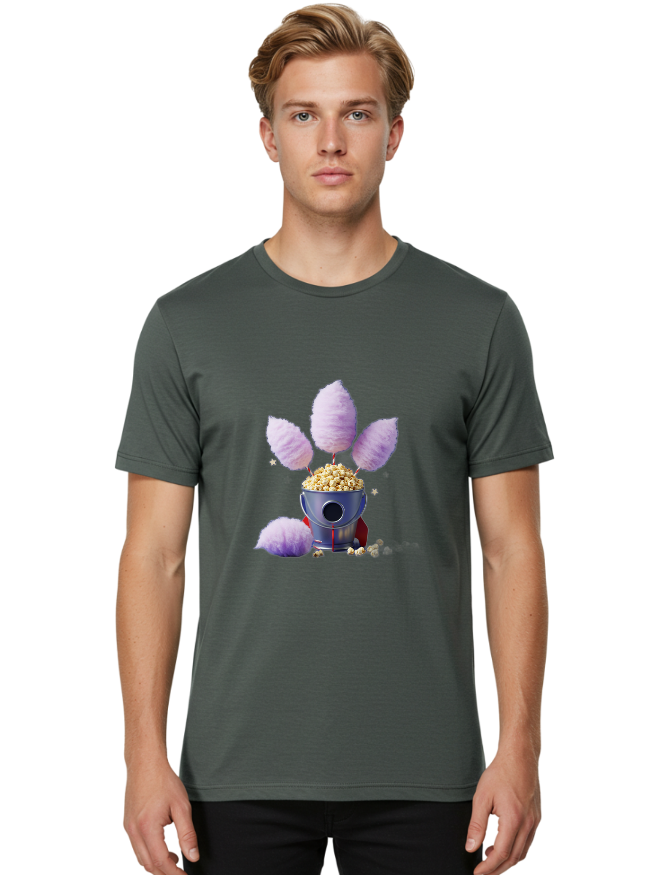 Cotton-Candy-Machine Men'S Graphic Tee, 100% Cotton, Comfortable Casual Summer Wear, Machine Washable, Cotton Candy Machine, Popcorn, Fluffy Treats, Carnival Delights, Sweet Tooth, Fun Snacks, Party Favors, Whimsical Dessert Bac922
