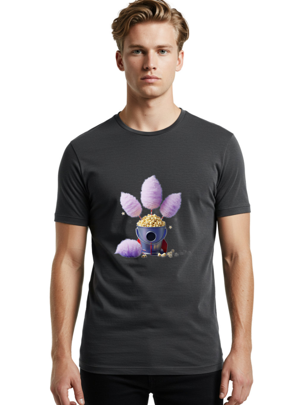 Cotton-Candy-Machine Men'S Graphic Tee, 100% Cotton, Comfortable Casual Summer Wear, Machine Washable, Cotton Candy Machine, Popcorn, Fluffy Treats, Carnival Delights, Sweet Tooth, Fun Snacks, Party Favors, Whimsical Dessert Bac922