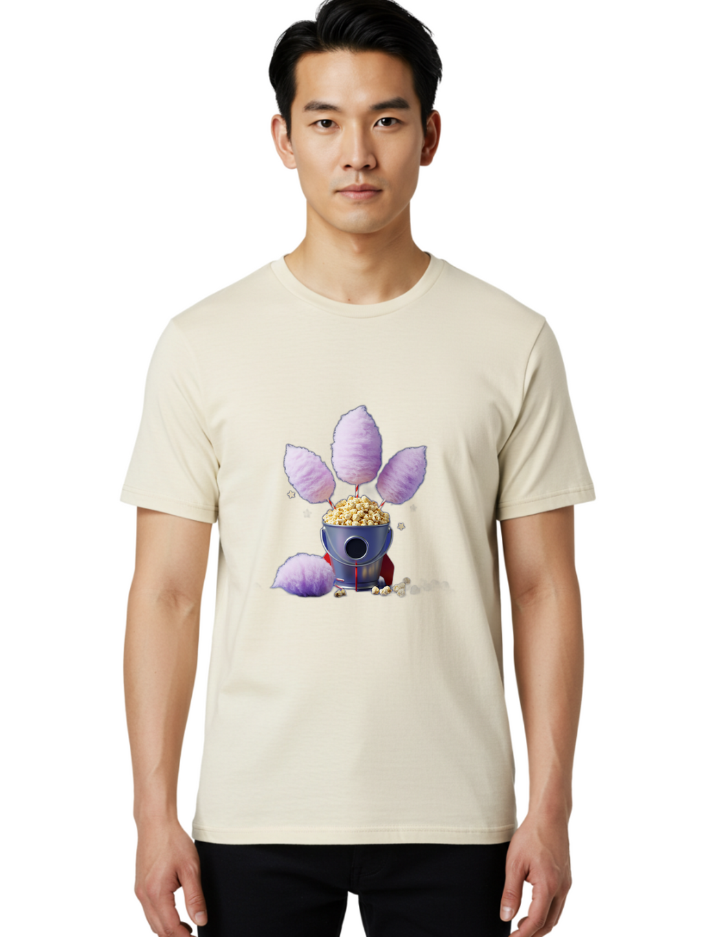 Cotton-Candy-Machine Men'S Graphic Tee, 100% Cotton, Comfortable Casual Summer Wear, Machine Washable, Cotton Candy Machine, Popcorn, Fluffy Treats, Carnival Delights, Sweet Tooth, Fun Snacks, Party Favors, Whimsical Dessert Bac922