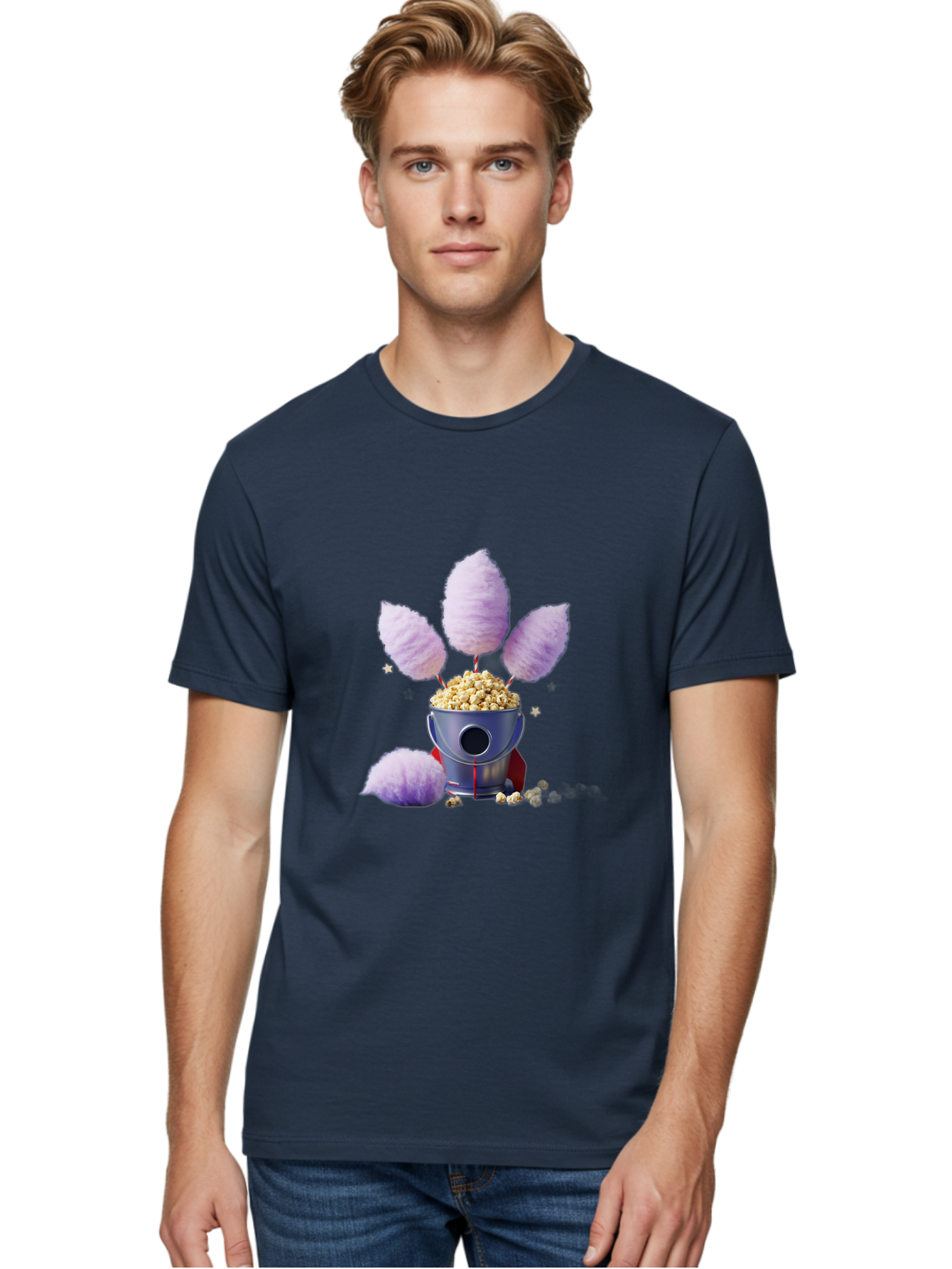 Cotton-Candy-Machine Men'S Graphic Tee, 100% Cotton, Comfortable Casual Summer Wear, Machine Washable, Cotton Candy Machine, Popcorn, Fluffy Treats, Carnival Delights, Sweet Tooth, Fun Snacks, Party Favors, Whimsical Dessert Bac922