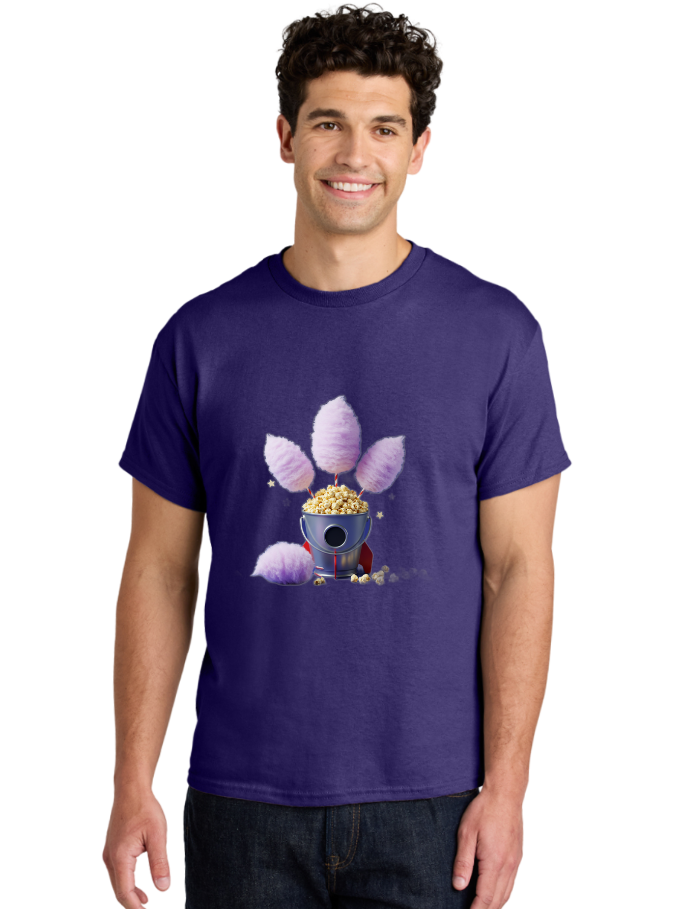 Cotton-Candy-Machine Men'S Graphic Tee, 100% Cotton, Comfortable Casual Summer Wear, Machine Washable, Cotton Candy Machine, Popcorn, Fluffy Treats, Carnival Delights, Sweet Tooth, Fun Snacks, Party Favors, Whimsical Dessert Bac922