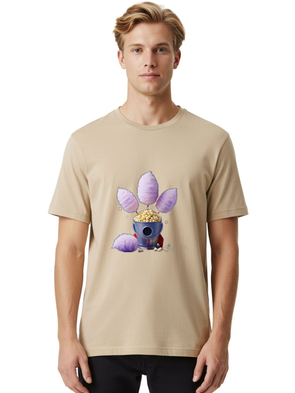 Cotton-Candy-Machine Men'S Graphic Tee, 100% Cotton, Comfortable Casual Summer Wear, Machine Washable, Cotton Candy Machine, Popcorn, Fluffy Treats, Carnival Delights, Sweet Tooth, Fun Snacks, Party Favors, Whimsical Dessert Bac922