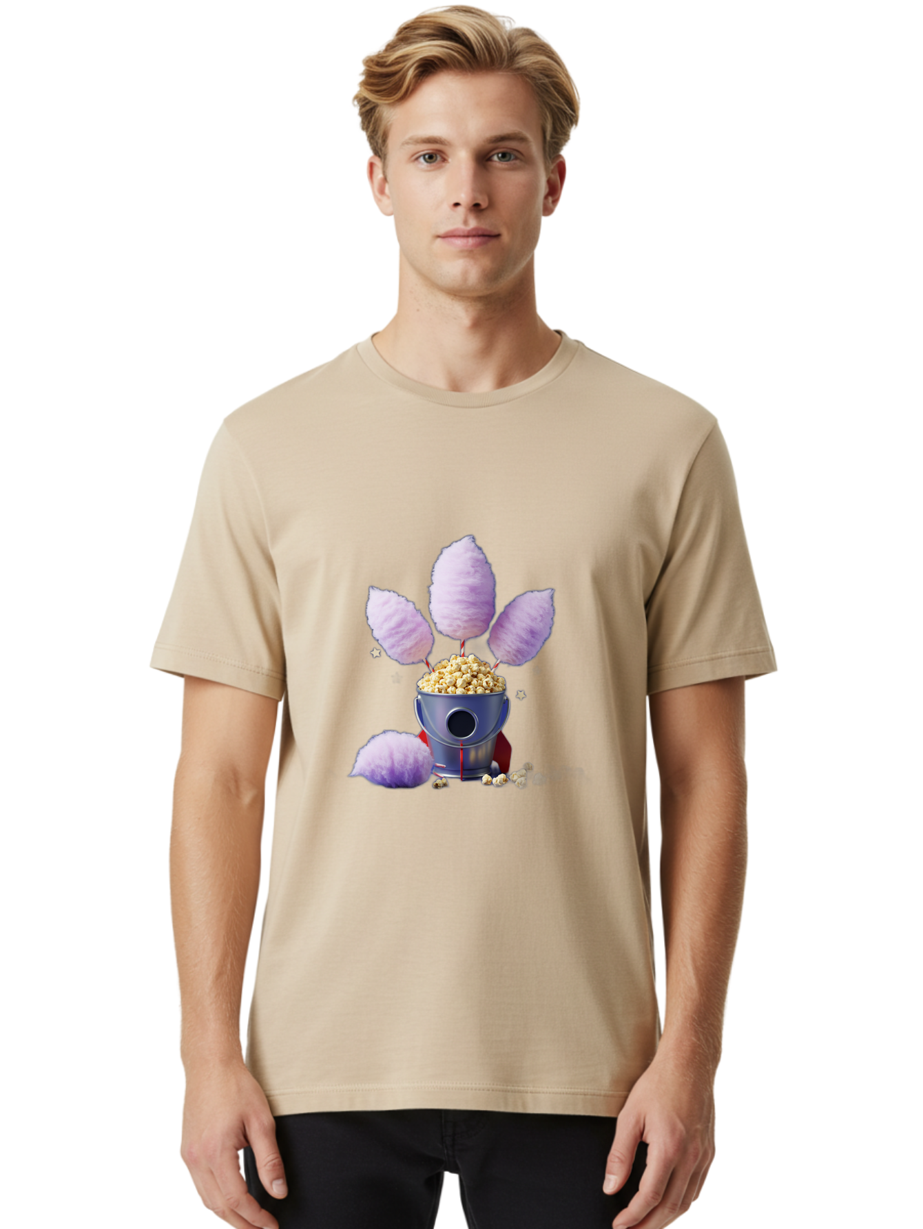 Cotton-Candy-Machine Men'S Graphic Tee, 100% Cotton, Comfortable Casual Summer Wear, Machine Washable, Cotton Candy Machine, Popcorn, Fluffy Treats, Carnival Delights, Sweet Tooth, Fun Snacks, Party Favors, Whimsical Dessert Bac922