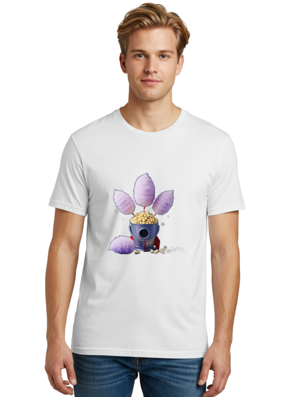 Cotton-Candy-Machine Men'S Graphic Tee, 100% Cotton, Comfortable Casual Summer Wear, Machine Washable, Cotton Candy Machine, Popcorn, Fluffy Treats, Carnival Delights, Sweet Tooth, Fun Snacks, Party Favors, Whimsical Dessert Bac922