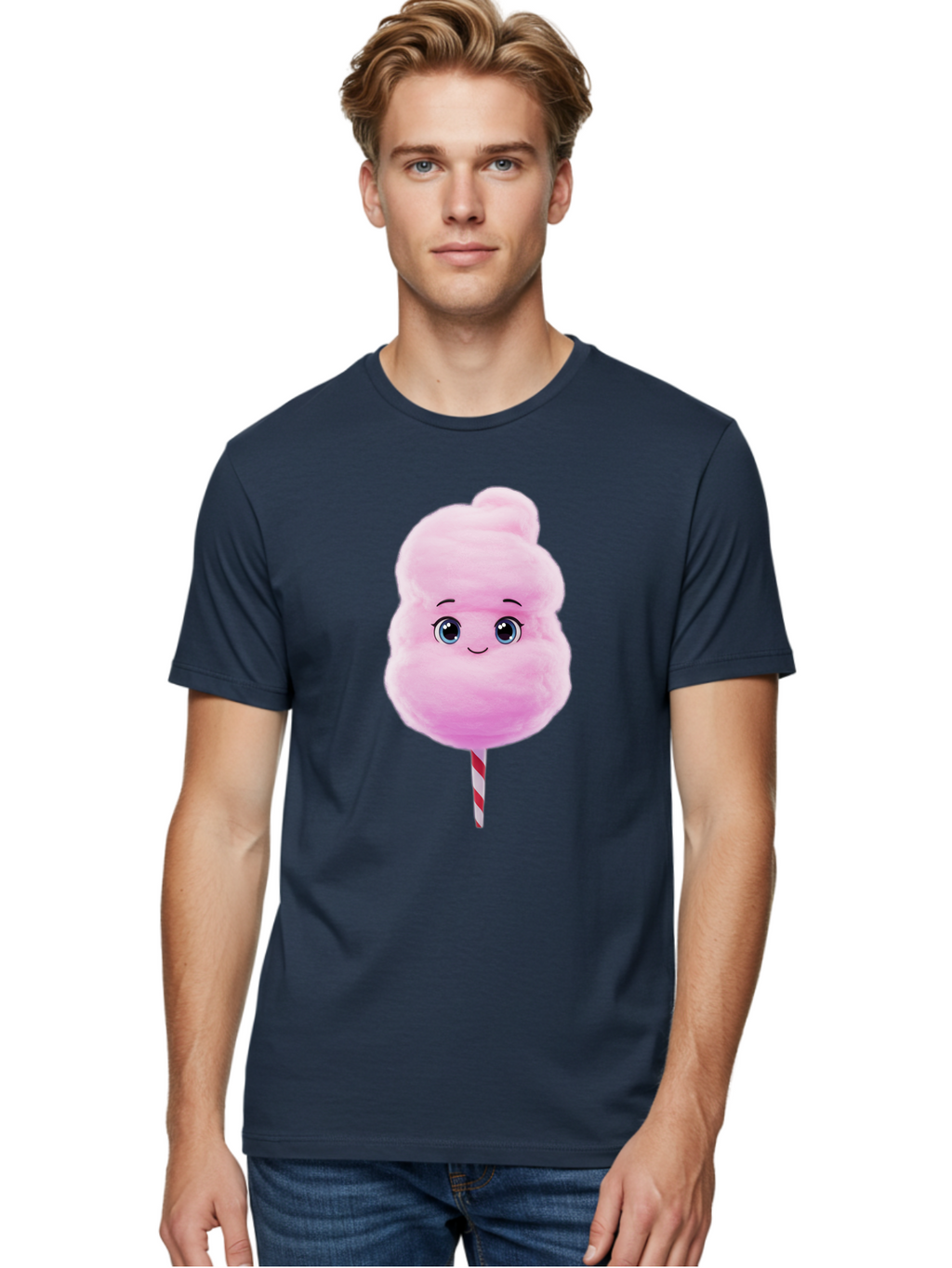 Cotton-Candy Men'S Graphic Tee, 100% Cotton, Comfortable Casual Summer Wear, Machine Washable, Pink Cotton Candy, Cartoon Character, Fluffy Treat, Sweet Snack, Fun Food, Playful Design, Cartoon Style, Fluffy Texture, Cute Face Bac923