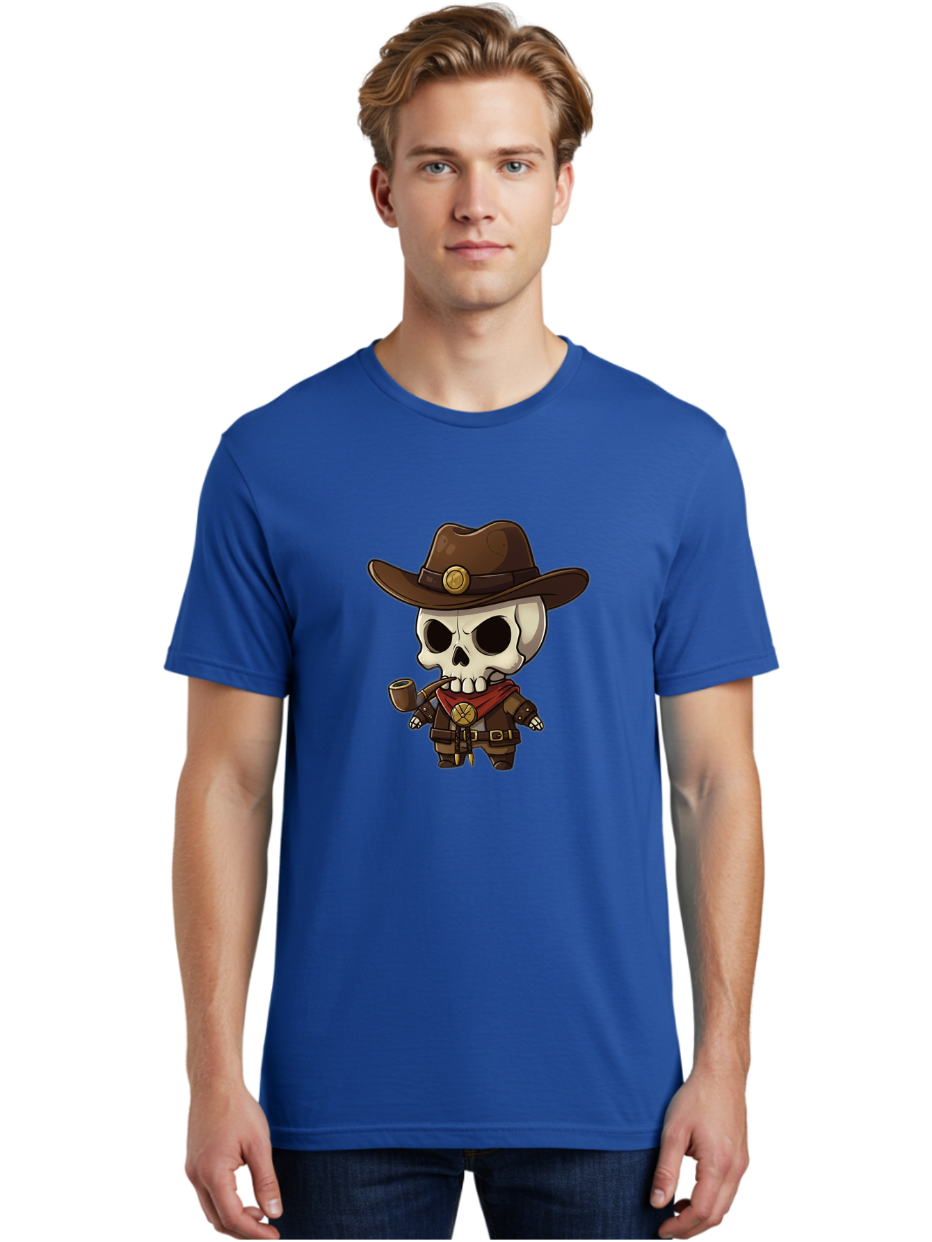 Cowboy-Skeleton Men'S Graphic Tee, 100% Cotton, Comfortable Casual Summer Wear, Machine Washable, Cartoon Skeleton, Cowboy Hat, Smoking Pipe, Western Attire, Red Bandana, Gold Accents, Brown Leather, Spooky Character, Western Theme, Bac924