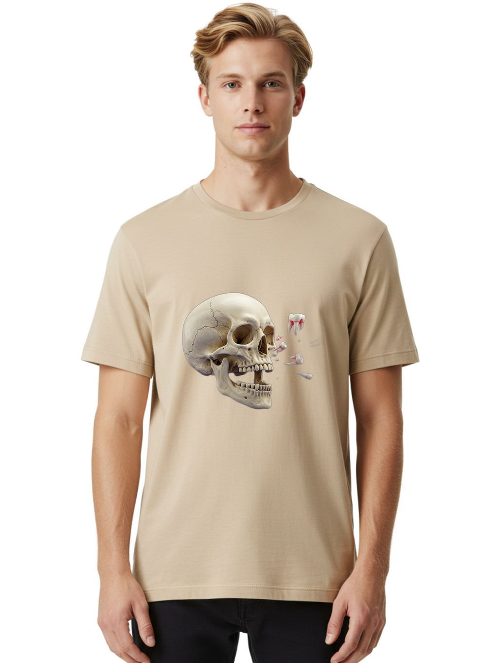 Cracked-Skull-1 Men'S Graphic Tee, 100% Cotton, Comfortable Casual Summer Wear, Machine Washable, Human Skull, Broken Jaw, Shattered Teeth, Dental Anatomy, Forensic Science, Medical Illustration, Skeleton Head, Jawbone Fracture, Bac926
