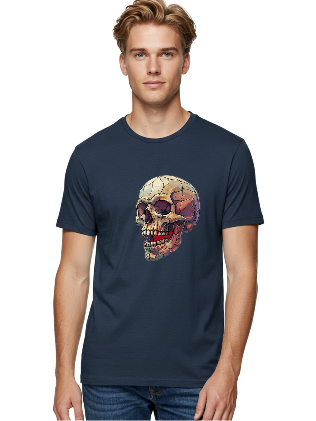 Cracked-Skull Men'S Graphic Tee, 100% Cotton, Comfortable Casual Summer Wear, Machine Washable, Human Skull, Cracked Bones, Red Tongue, Dental Anatomy, Skull Art, Gothic Illustration, Vibrant Colors, Bold Graphics Bac928