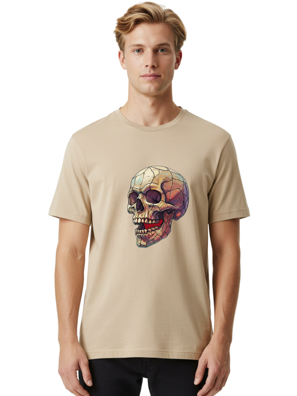 Cracked-Skull Men'S Graphic Tee, 100% Cotton, Comfortable Casual Summer Wear, Machine Washable, Human Skull, Cracked Bones, Red Tongue, Dental Anatomy, Skull Art, Gothic Illustration, Vibrant Colors, Bold Graphics Bac928