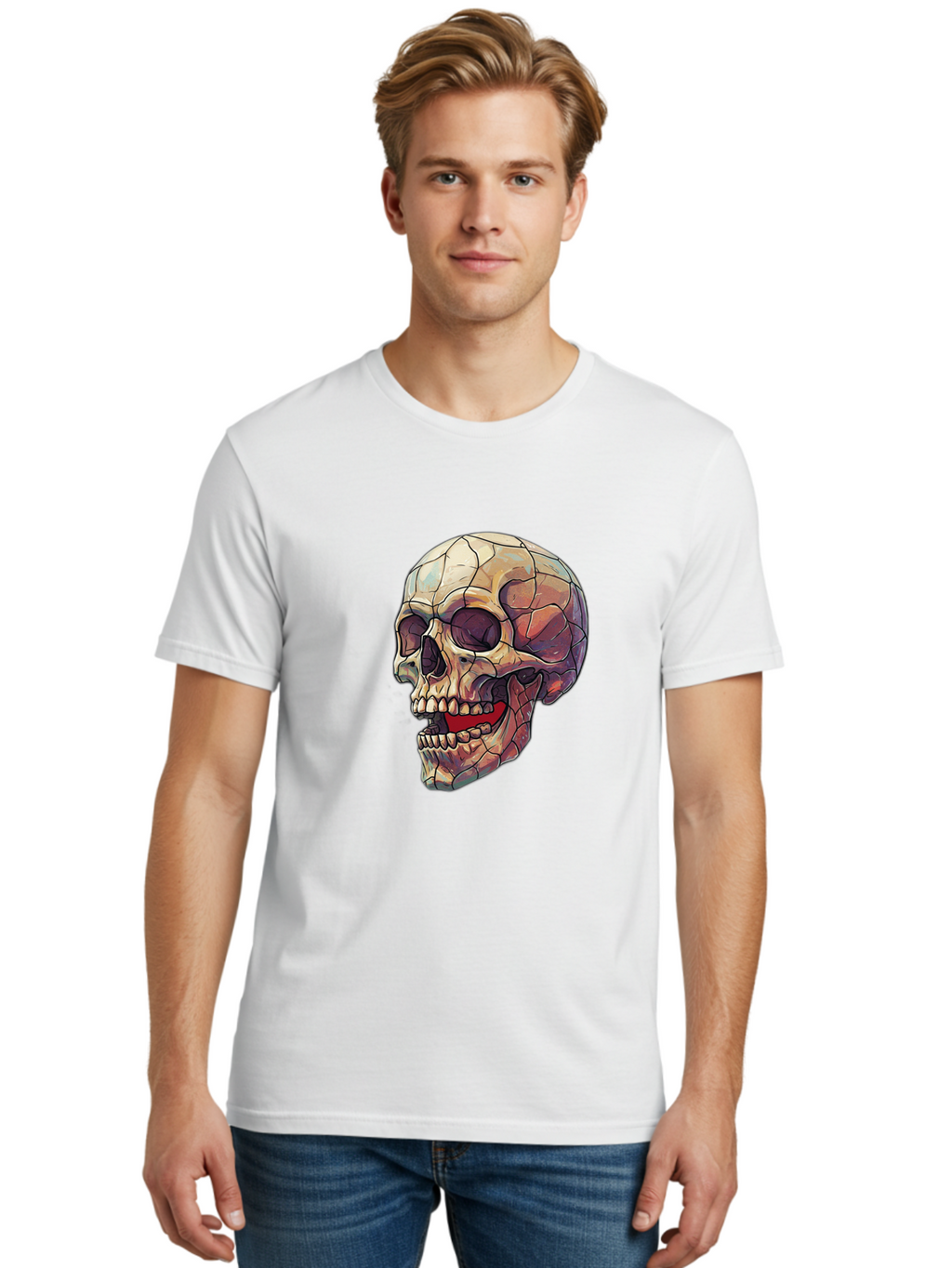 Cracked-Skull Men'S Graphic Tee, 100% Cotton, Comfortable Casual Summer Wear, Machine Washable, Human Skull, Cracked Bones, Red Tongue, Dental Anatomy, Skull Art, Gothic Illustration, Vibrant Colors, Bold Graphics Bac928
