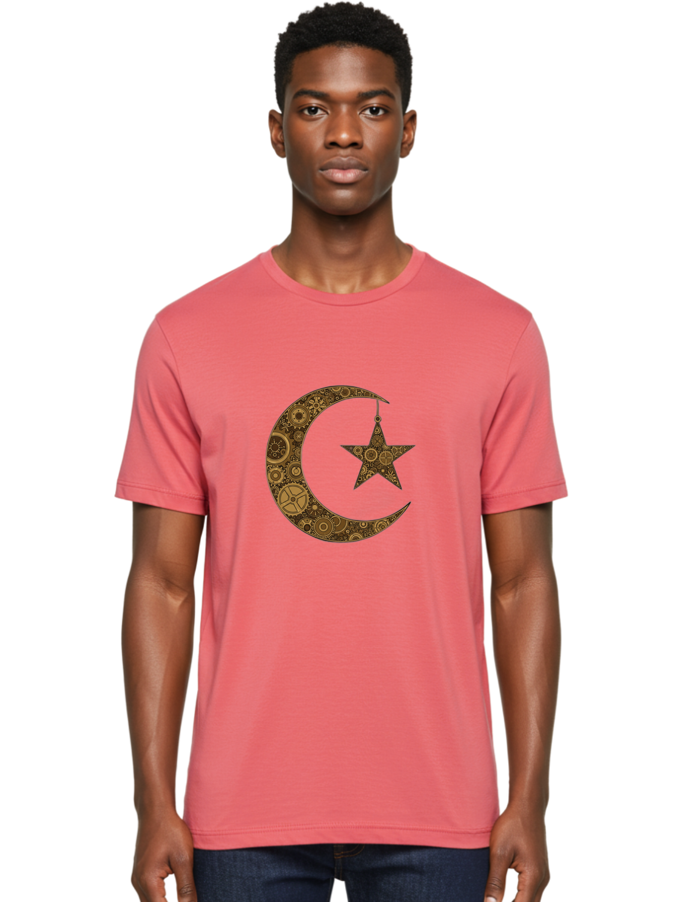 Crescent-Moon-And-Star Men'S Graphic Tee, 100% Cotton, Comfortable Casual Summer Wear, Machine Washable, Crescent Moon Symbol, Hanging Star, Intricate Gears, Mechanical Design, Steampunk Elements, Islamic Symbols, Ornate Details, Bac931