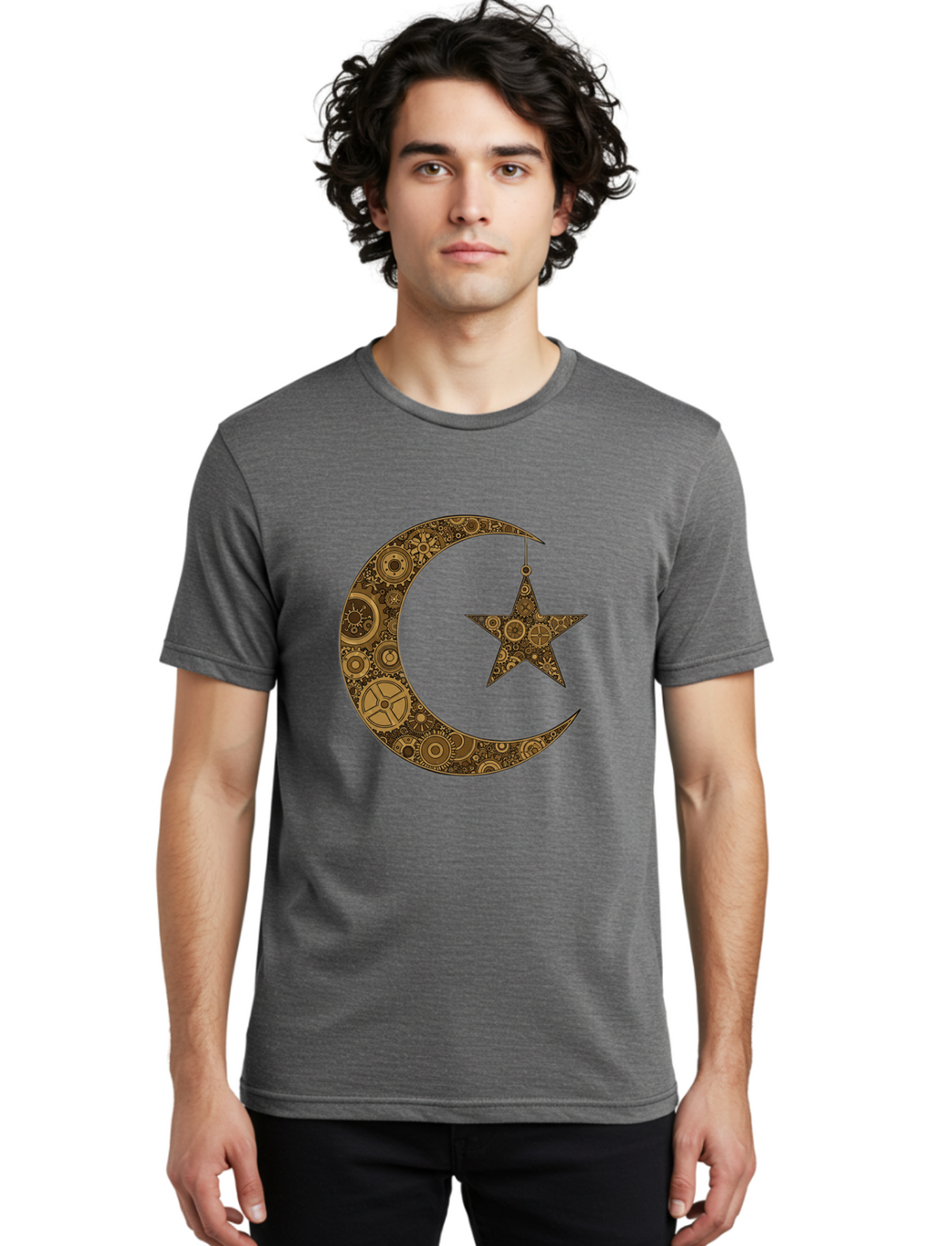 Crescent-Moon-And-Star Men'S Graphic Tee, 100% Cotton, Comfortable Casual Summer Wear, Machine Washable, Crescent Moon Symbol, Hanging Star, Intricate Gears, Mechanical Design, Steampunk Elements, Islamic Symbols, Ornate Details, Bac931