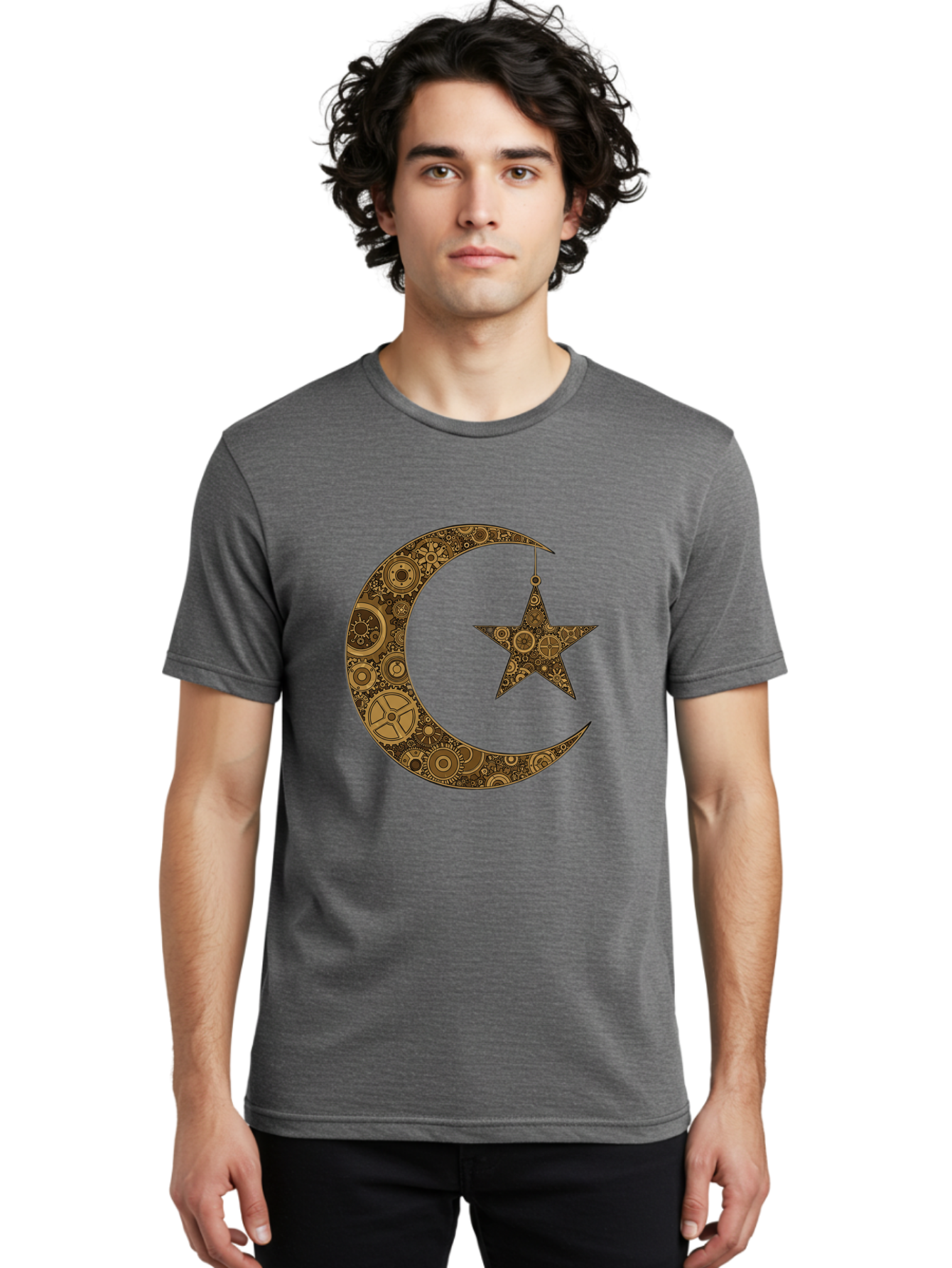 Crescent-Moon-And-Star Men'S Graphic Tee, 100% Cotton, Comfortable Casual Summer Wear, Machine Washable, Crescent Moon Symbol, Hanging Star, Intricate Gears, Mechanical Design, Steampunk Elements, Islamic Symbols, Ornate Details, Bac931