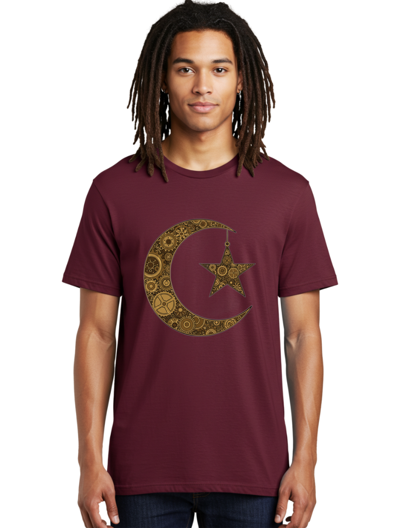 Crescent-Moon-And-Star Men'S Graphic Tee, 100% Cotton, Comfortable Casual Summer Wear, Machine Washable, Crescent Moon Symbol, Hanging Star, Intricate Gears, Mechanical Design, Steampunk Elements, Islamic Symbols, Ornate Details, Bac931