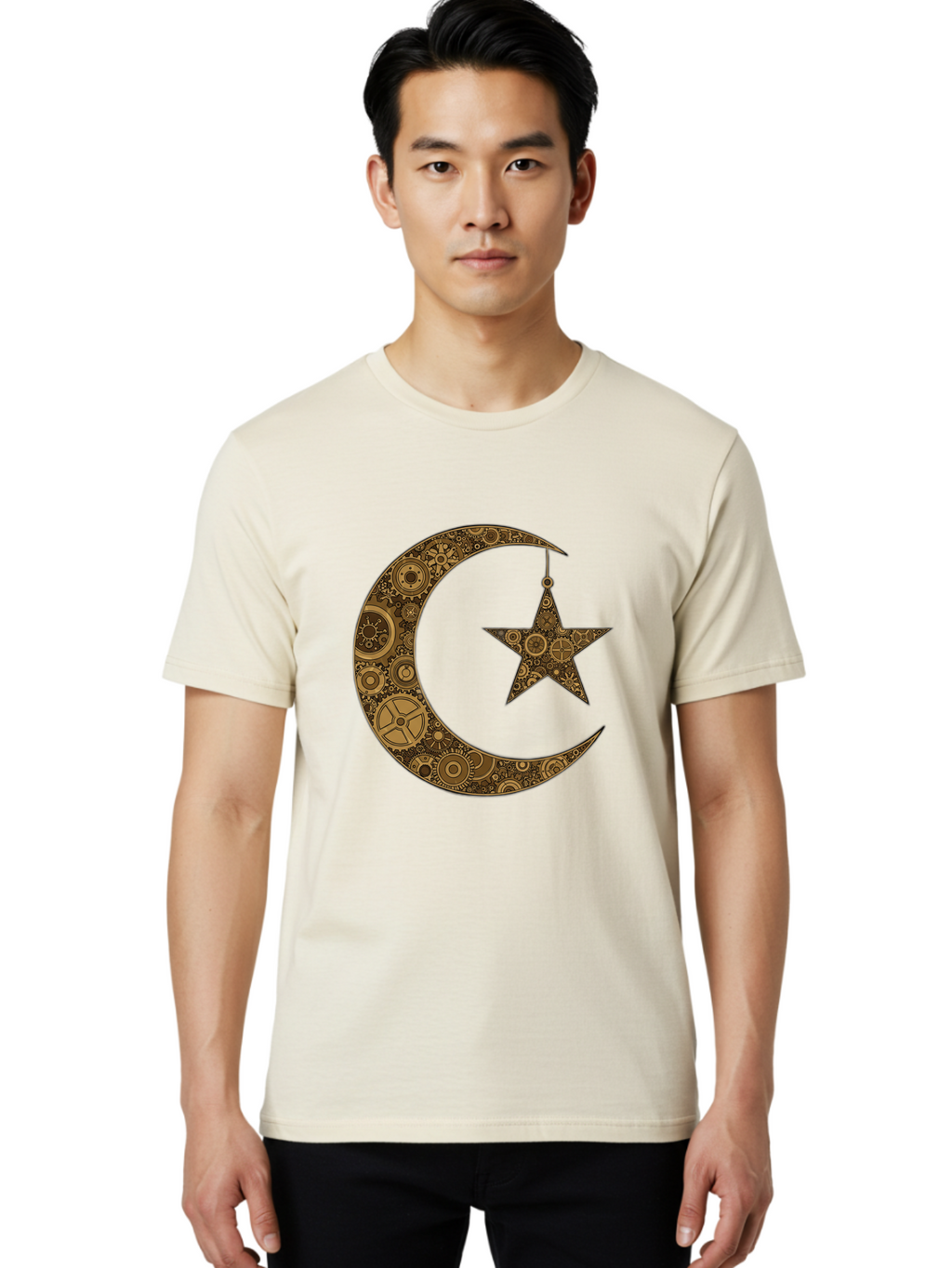 Crescent-Moon-And-Star Men'S Graphic Tee, 100% Cotton, Comfortable Casual Summer Wear, Machine Washable, Crescent Moon Symbol, Hanging Star, Intricate Gears, Mechanical Design, Steampunk Elements, Islamic Symbols, Ornate Details, Bac931