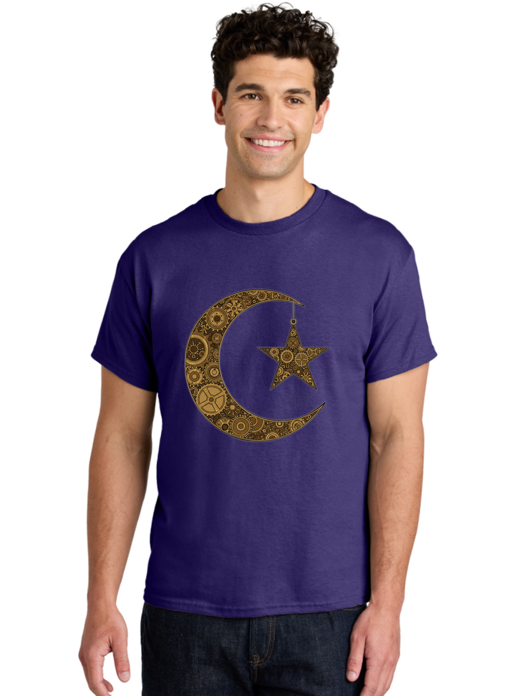Crescent-Moon-And-Star Men'S Graphic Tee, 100% Cotton, Comfortable Casual Summer Wear, Machine Washable, Crescent Moon Symbol, Hanging Star, Intricate Gears, Mechanical Design, Steampunk Elements, Islamic Symbols, Ornate Details, Bac931
