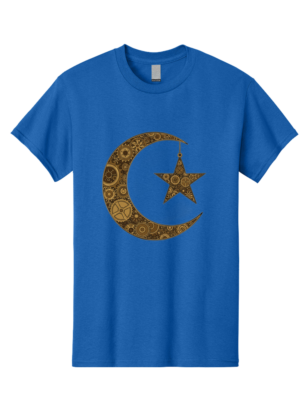 Crescent-Moon-And-Star Men'S Graphic Tee, 100% Cotton, Comfortable Casual Summer Wear, Machine Washable, Crescent Moon Symbol, Hanging Star, Intricate Gears, Mechanical Design, Steampunk Elements, Islamic Symbols, Ornate Details, Bac931