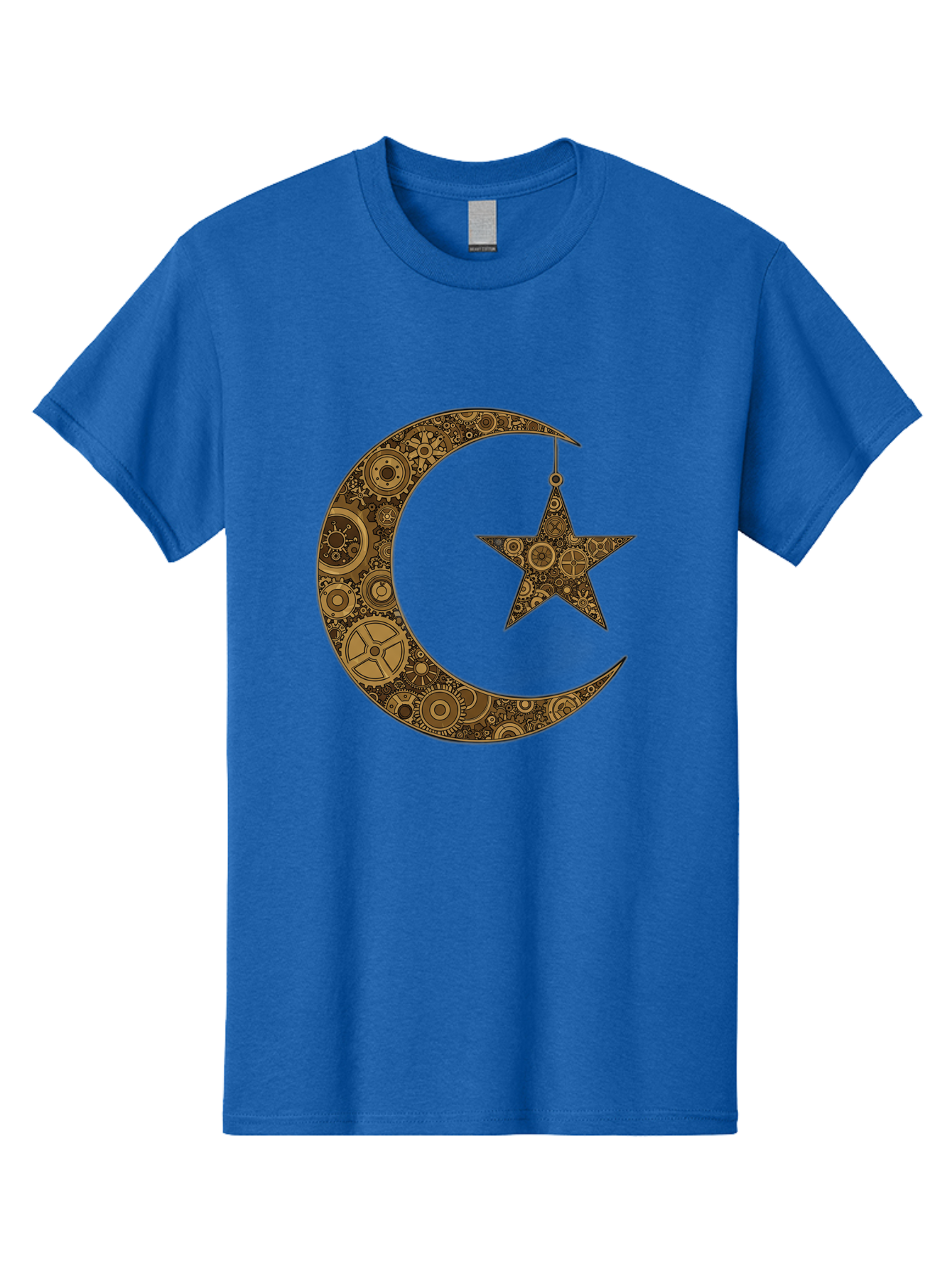 Crescent-Moon-And-Star Men'S Graphic Tee, 100% Cotton, Comfortable Casual Summer Wear, Machine Washable, Crescent Moon Symbol, Hanging Star, Intricate Gears, Mechanical Design, Steampunk Elements, Islamic Symbols, Ornate Details, Bac931