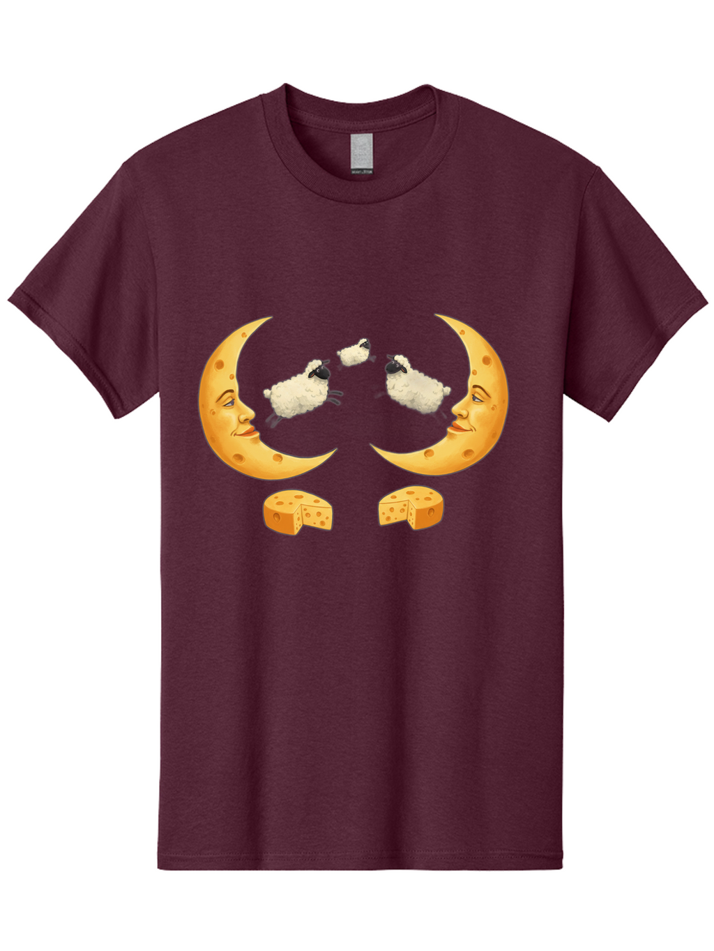 Crescent-Moon-Faces-With-Sheep-And-Cheese Men'S Graphic Tee, 100% Cotton, Comfortable Casual Summer Wear, Machine Washable, Sheep Jumping Over Cheese, Cheese Crescent Moon, Smiling Faces, Whimsical Illustration, Dairy Products, Moonlit Scene, Bac932
