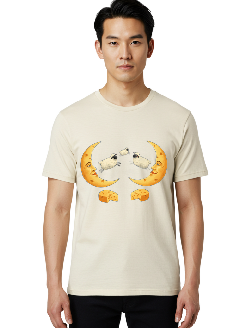Crescent-Moon-Faces-With-Sheep-And-Cheese Men'S Graphic Tee, 100% Cotton, Comfortable Casual Summer Wear, Machine Washable, Sheep Jumping Over Cheese, Cheese Crescent Moon, Smiling Faces, Whimsical Illustration, Dairy Products, Moonlit Scene, Bac932
