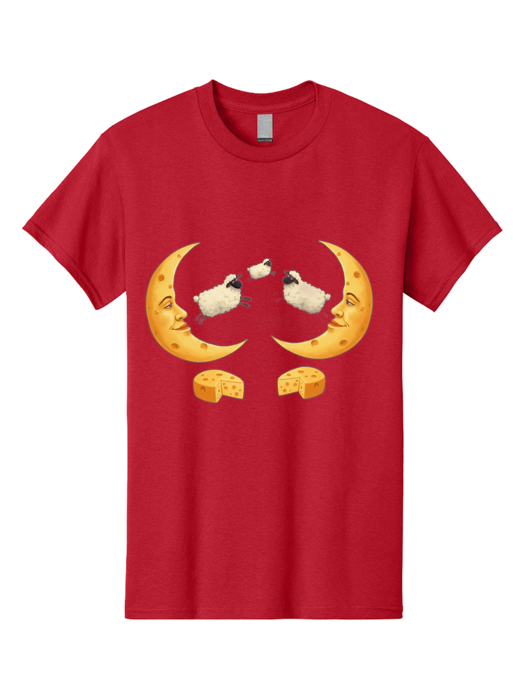 Crescent-Moon-Faces-With-Sheep-And-Cheese Men'S Graphic Tee, 100% Cotton, Comfortable Casual Summer Wear, Machine Washable, Sheep Jumping Over Cheese, Cheese Crescent Moon, Smiling Faces, Whimsical Illustration, Dairy Products, Moonlit Scene, Bac932