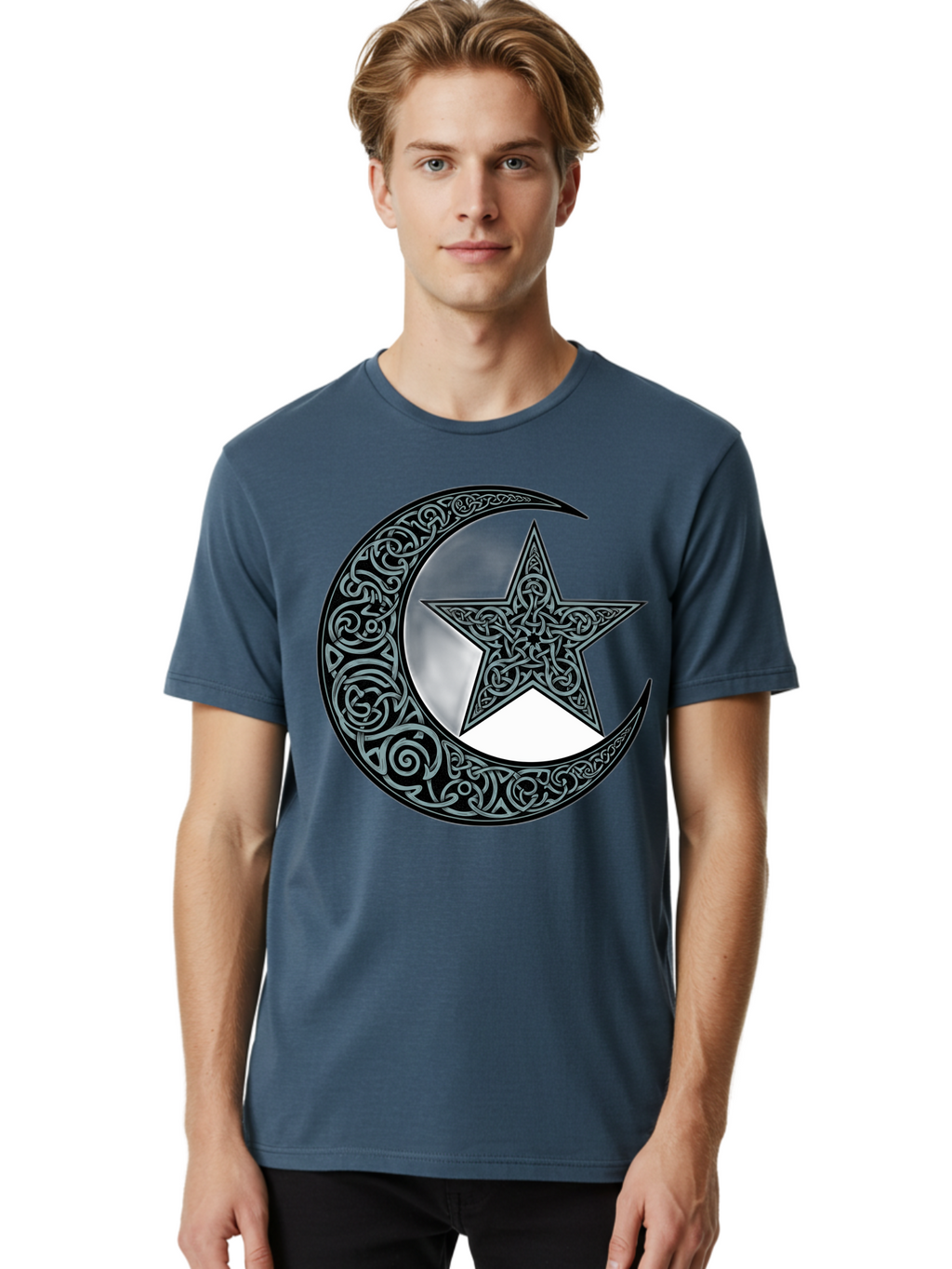 Crescent-Moon-Star Men'S Graphic Tee, 100% Cotton, Comfortable Casual Summer Wear, Machine Washable, Crescent Moon, Star Symbol, Islamic Symbol, Arabic Art, Intricate Designs, Ornate Patterns, Cultural Heritage, Islamic Art, Bac933
