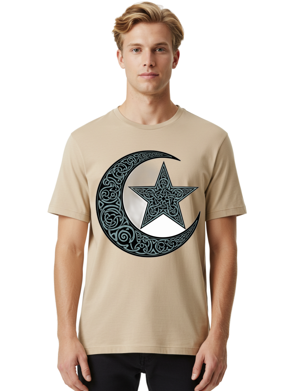 Crescent-Moon-Star Men'S Graphic Tee, 100% Cotton, Comfortable Casual Summer Wear, Machine Washable, Crescent Moon, Star Symbol, Islamic Symbol, Arabic Art, Intricate Designs, Ornate Patterns, Cultural Heritage, Islamic Art, Bac933