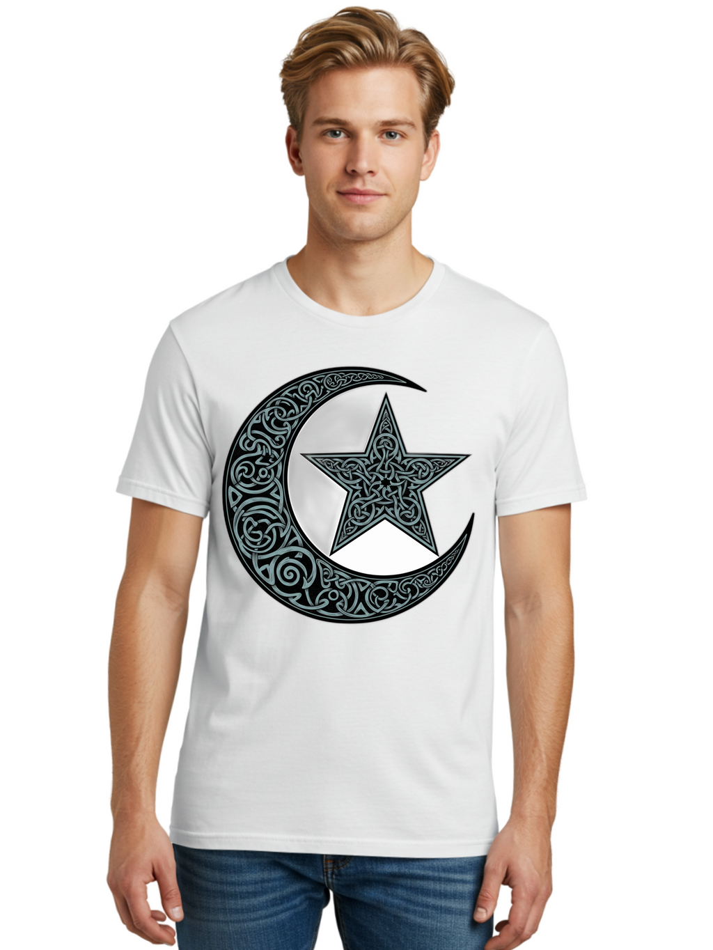 Crescent-Moon-Star Men'S Graphic Tee, 100% Cotton, Comfortable Casual Summer Wear, Machine Washable, Crescent Moon, Star Symbol, Islamic Symbol, Arabic Art, Intricate Designs, Ornate Patterns, Cultural Heritage, Islamic Art, Bac933