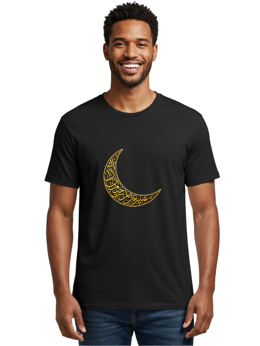 Crescent-Moon-With-Arabic-Calligraphy Men'S Graphic Tee, 100% Cotton, Comfortable Casual Summer Wear, Machine Washable, Crescent Moon, Islamic Calligraphy, Arabic Script, Golden Hues, Intricate Patterns, Traditional Islamic Art, Ramadan Symbol Bac934