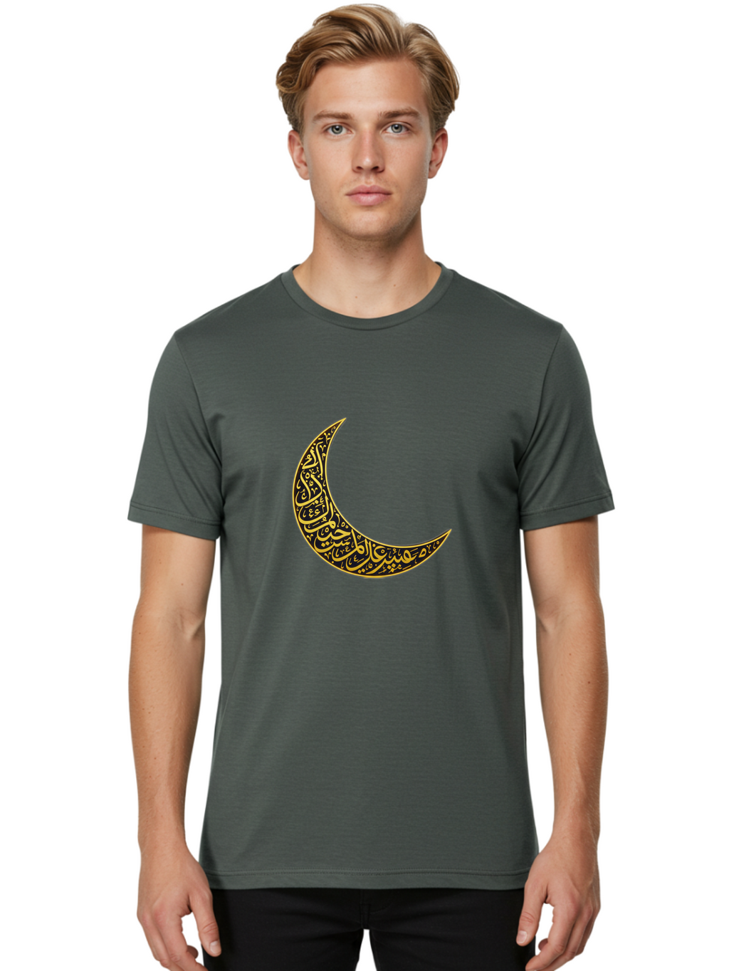 Crescent-Moon-With-Arabic-Calligraphy Men'S Graphic Tee, 100% Cotton, Comfortable Casual Summer Wear, Machine Washable, Crescent Moon, Islamic Calligraphy, Arabic Script, Golden Hues, Intricate Patterns, Traditional Islamic Art, Ramadan Symbol Bac934