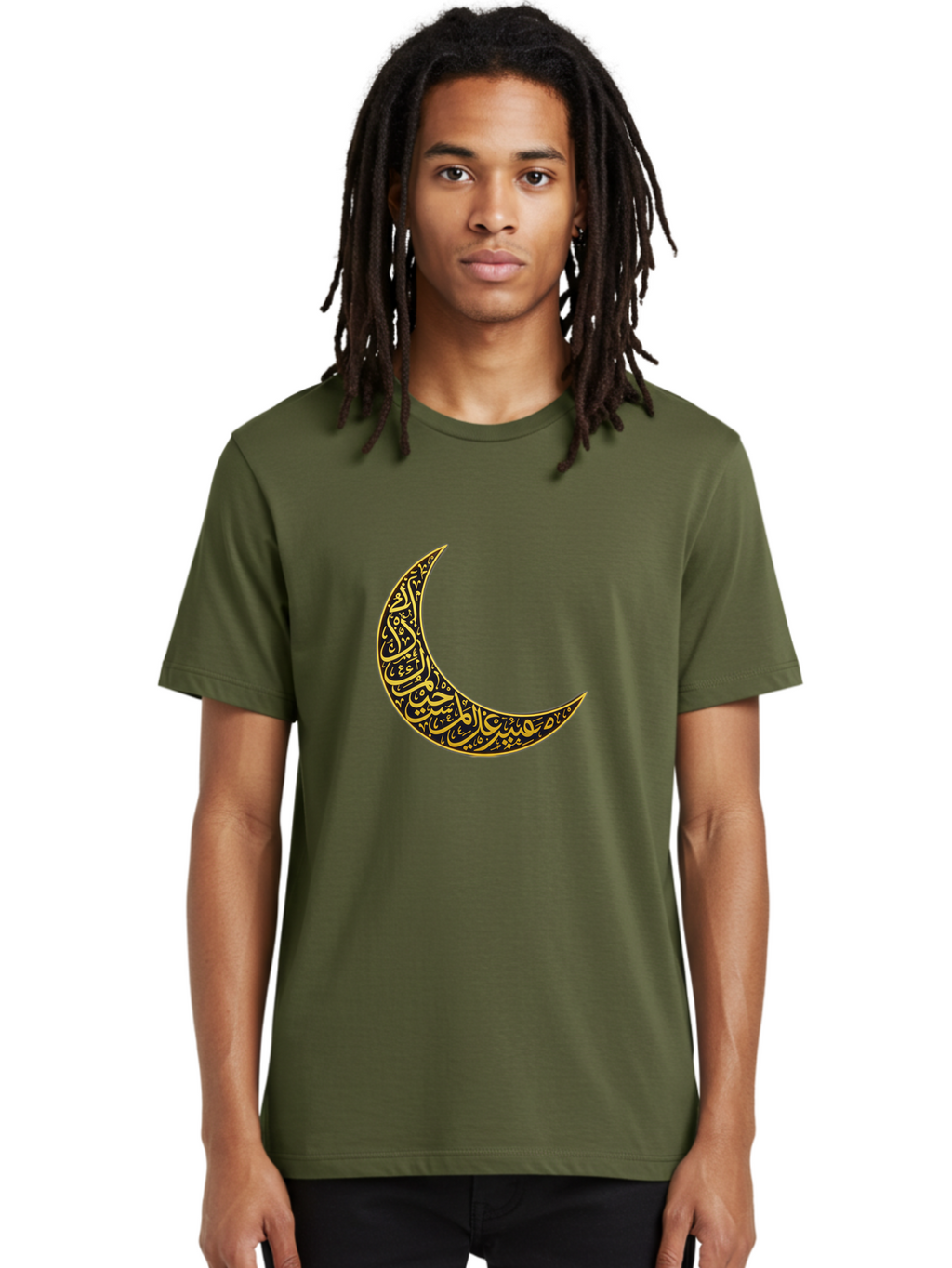 Crescent-Moon-With-Arabic-Calligraphy Men'S Graphic Tee, 100% Cotton, Comfortable Casual Summer Wear, Machine Washable, Crescent Moon, Islamic Calligraphy, Arabic Script, Golden Hues, Intricate Patterns, Traditional Islamic Art, Ramadan Symbol Bac934