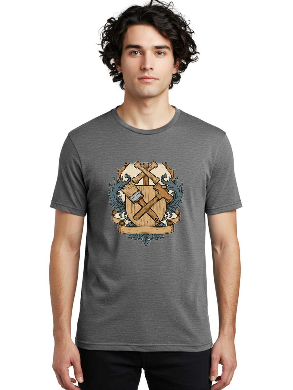 Crisscrossed-Mallets Men'S Graphic Tee, 100% Cotton, Comfortable Casual Summer Wear, Machine Washable, Wooden Shield, Decorative Emblem, Crossed Mallets, Ornate Crest, Heraldic Design, Vintage Logo, Carpentry Tools, Craftsmanship Symbol Bac935