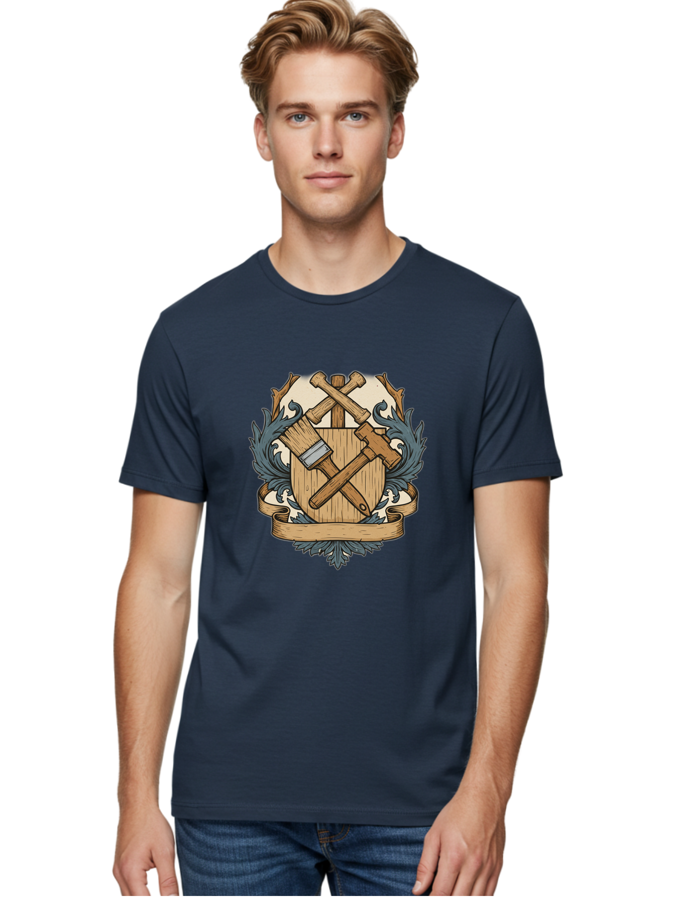 Crisscrossed-Mallets Men'S Graphic Tee, 100% Cotton, Comfortable Casual Summer Wear, Machine Washable, Wooden Shield, Decorative Emblem, Crossed Mallets, Ornate Crest, Heraldic Design, Vintage Logo, Carpentry Tools, Craftsmanship Symbol Bac935