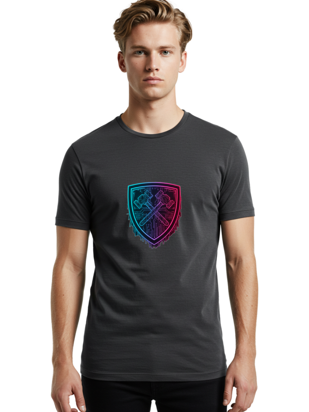 Crossed-Hammers-Shield Men'S Graphic Tee, 100% Cotton, Comfortable Casual Summer Wear, Machine Washable, Cyber Security Logo, Crossed Hammers Emblem, Shield Icon, Neon Lights, Futuristic Design, Tech Logo, Hammer And Shield Symbol, Bac938