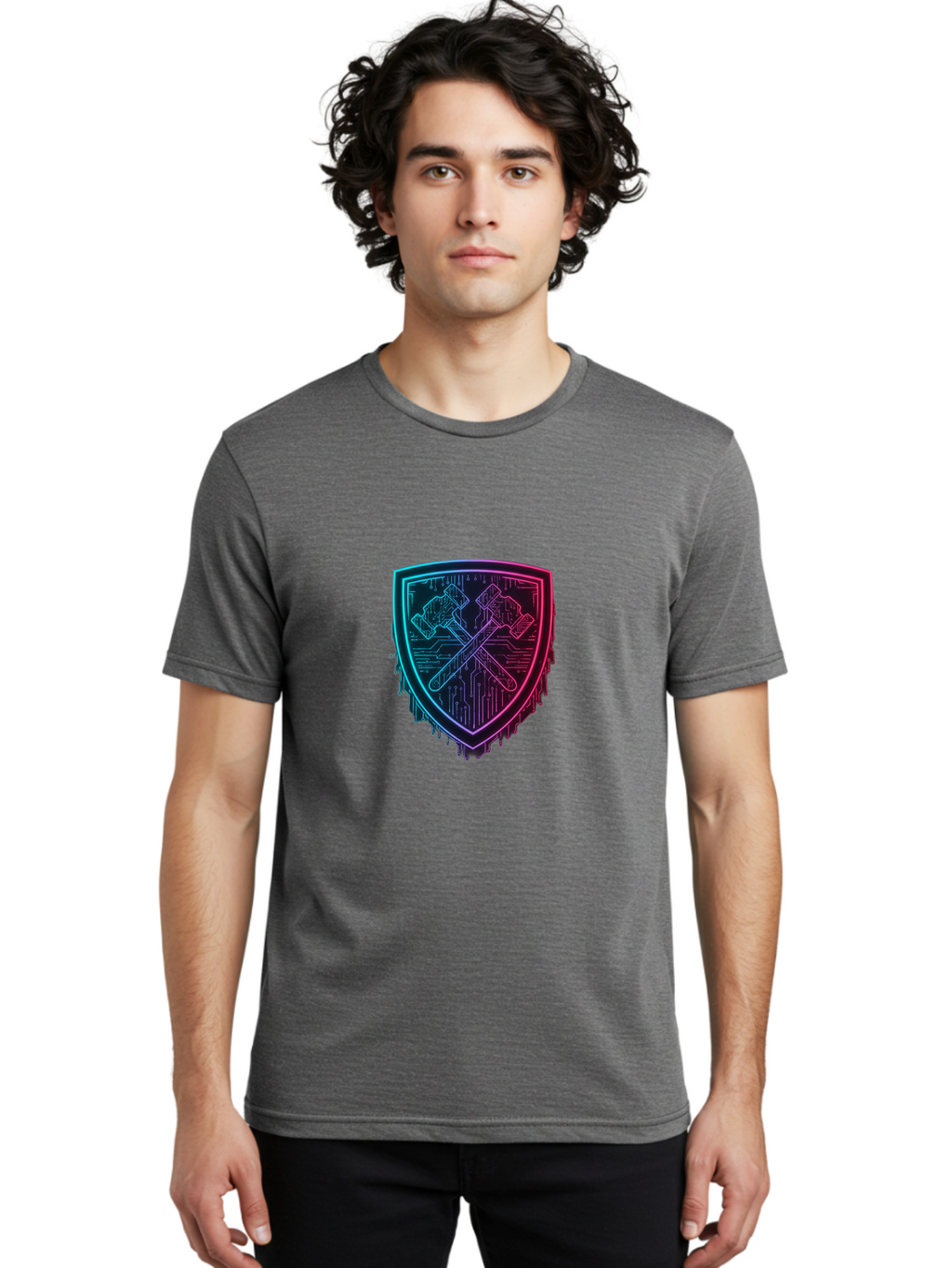 Crossed-Hammers-Shield Men'S Graphic Tee, 100% Cotton, Comfortable Casual Summer Wear, Machine Washable, Cyber Security Logo, Crossed Hammers Emblem, Shield Icon, Neon Lights, Futuristic Design, Tech Logo, Hammer And Shield Symbol, Bac938