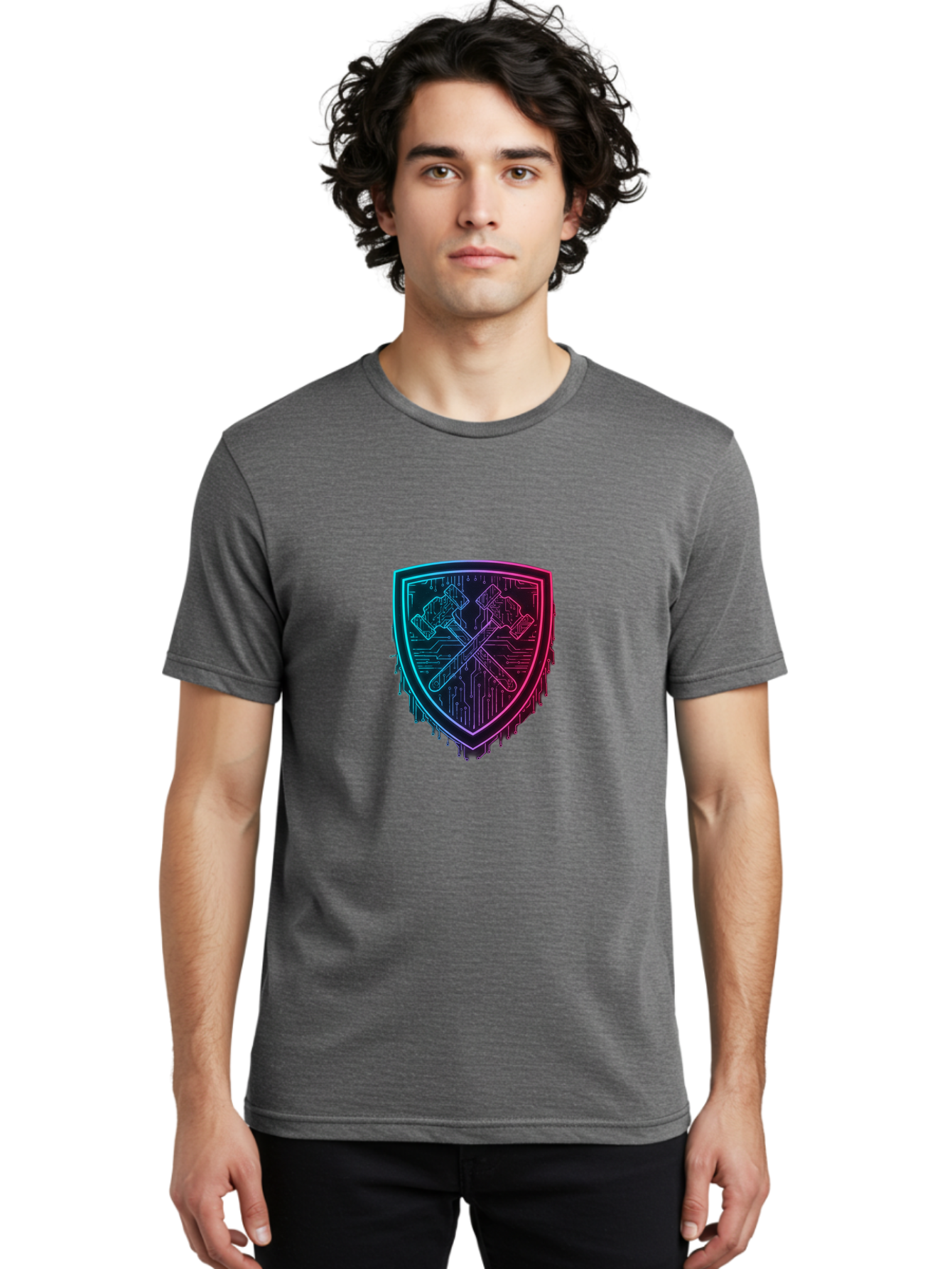 Crossed-Hammers-Shield Men'S Graphic Tee, 100% Cotton, Comfortable Casual Summer Wear, Machine Washable, Cyber Security Logo, Crossed Hammers Emblem, Shield Icon, Neon Lights, Futuristic Design, Tech Logo, Hammer And Shield Symbol, Bac938