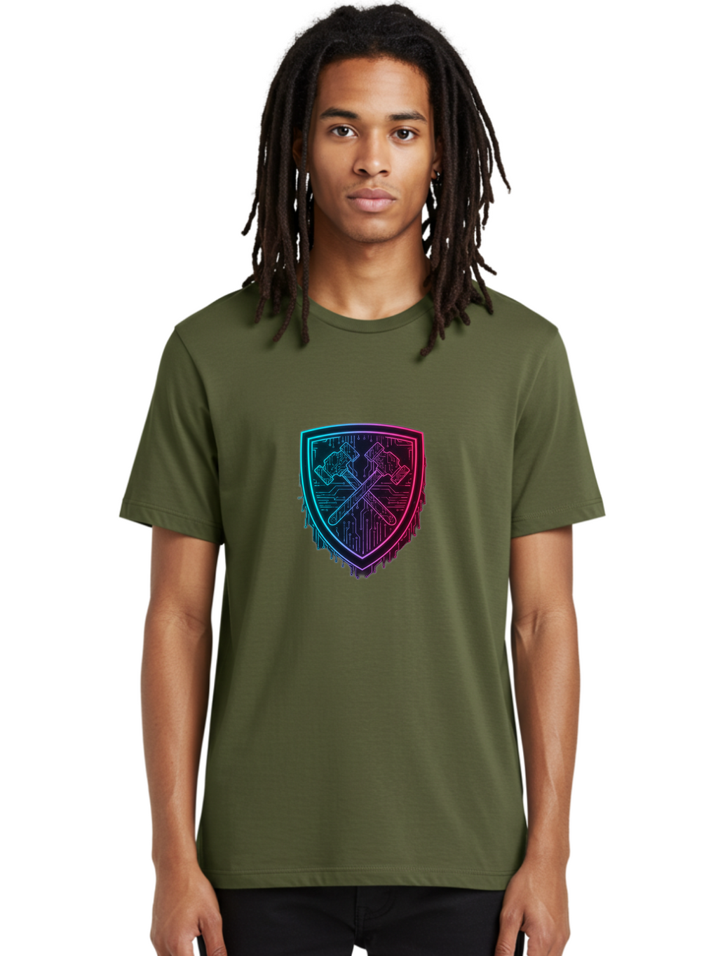 Crossed-Hammers-Shield Men'S Graphic Tee, 100% Cotton, Comfortable Casual Summer Wear, Machine Washable, Cyber Security Logo, Crossed Hammers Emblem, Shield Icon, Neon Lights, Futuristic Design, Tech Logo, Hammer And Shield Symbol, Bac938