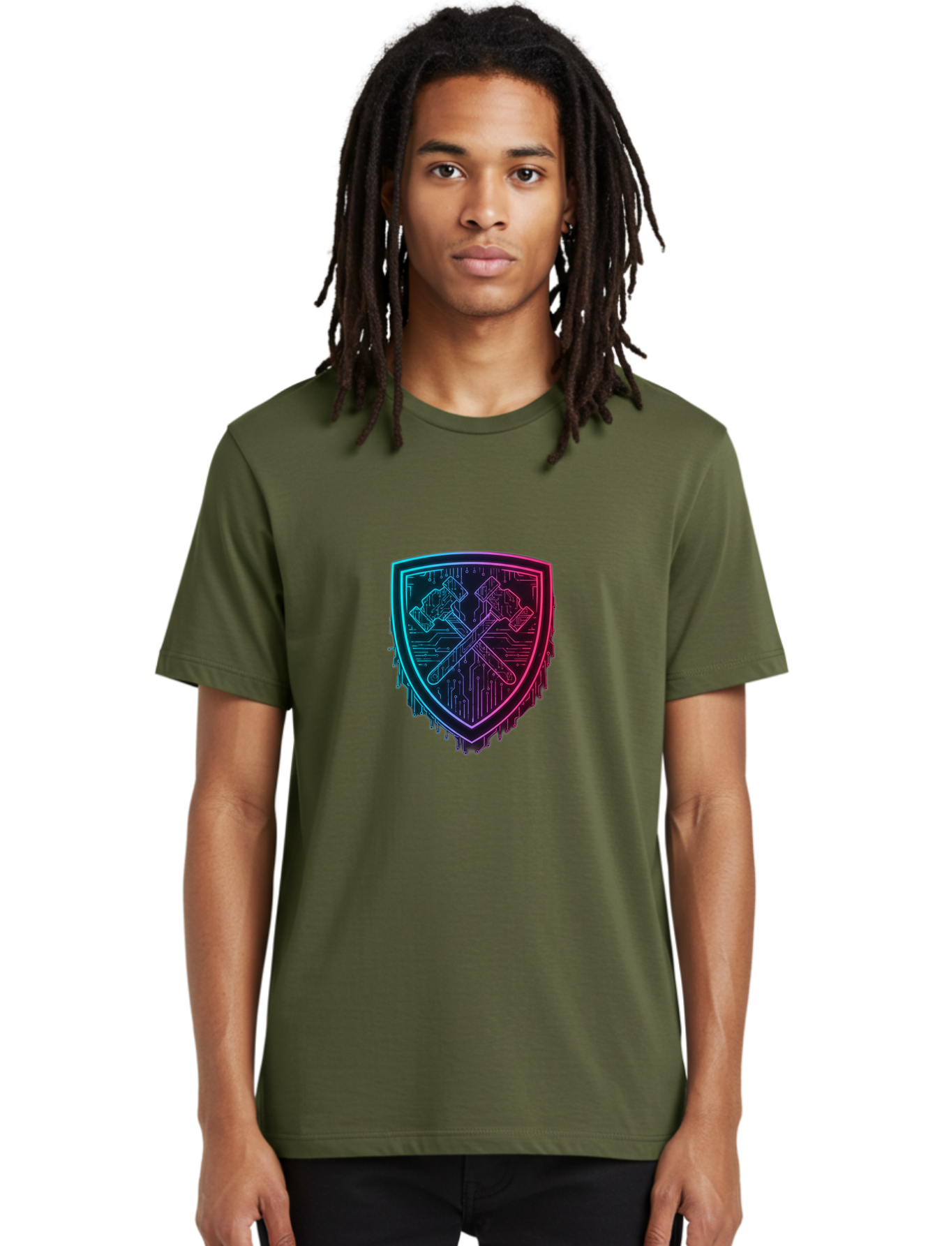 Crossed-Hammers-Shield Men'S Graphic Tee, 100% Cotton, Comfortable Casual Summer Wear, Machine Washable, Cyber Security Logo, Crossed Hammers Emblem, Shield Icon, Neon Lights, Futuristic Design, Tech Logo, Hammer And Shield Symbol, Bac938
