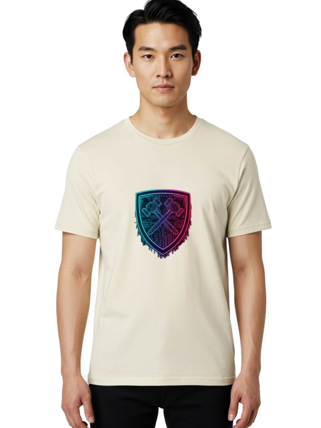 Crossed-Hammers-Shield Men'S Graphic Tee, 100% Cotton, Comfortable Casual Summer Wear, Machine Washable, Cyber Security Logo, Crossed Hammers Emblem, Shield Icon, Neon Lights, Futuristic Design, Tech Logo, Hammer And Shield Symbol, Bac938