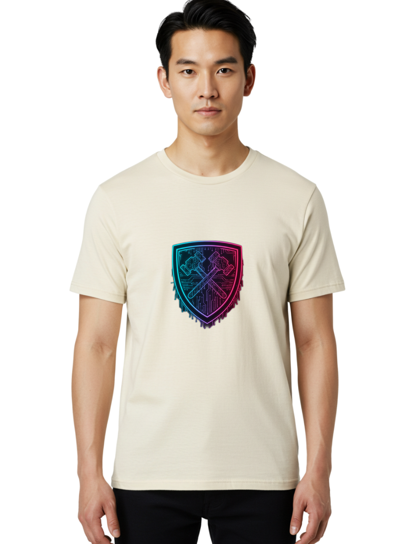 Crossed-Hammers-Shield Men'S Graphic Tee, 100% Cotton, Comfortable Casual Summer Wear, Machine Washable, Cyber Security Logo, Crossed Hammers Emblem, Shield Icon, Neon Lights, Futuristic Design, Tech Logo, Hammer And Shield Symbol, Bac938