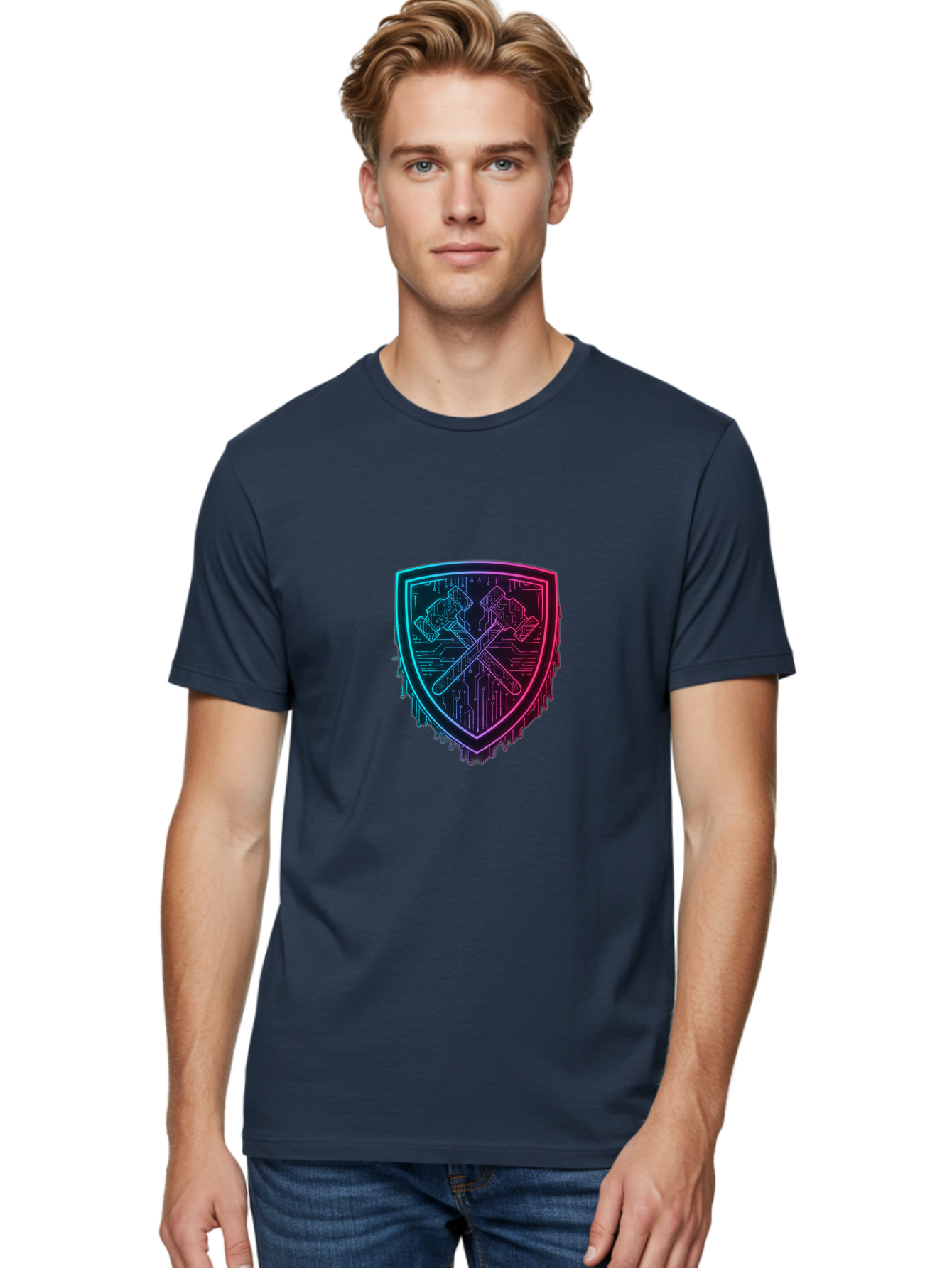 Crossed-Hammers-Shield Men'S Graphic Tee, 100% Cotton, Comfortable Casual Summer Wear, Machine Washable, Cyber Security Logo, Crossed Hammers Emblem, Shield Icon, Neon Lights, Futuristic Design, Tech Logo, Hammer And Shield Symbol, Bac938