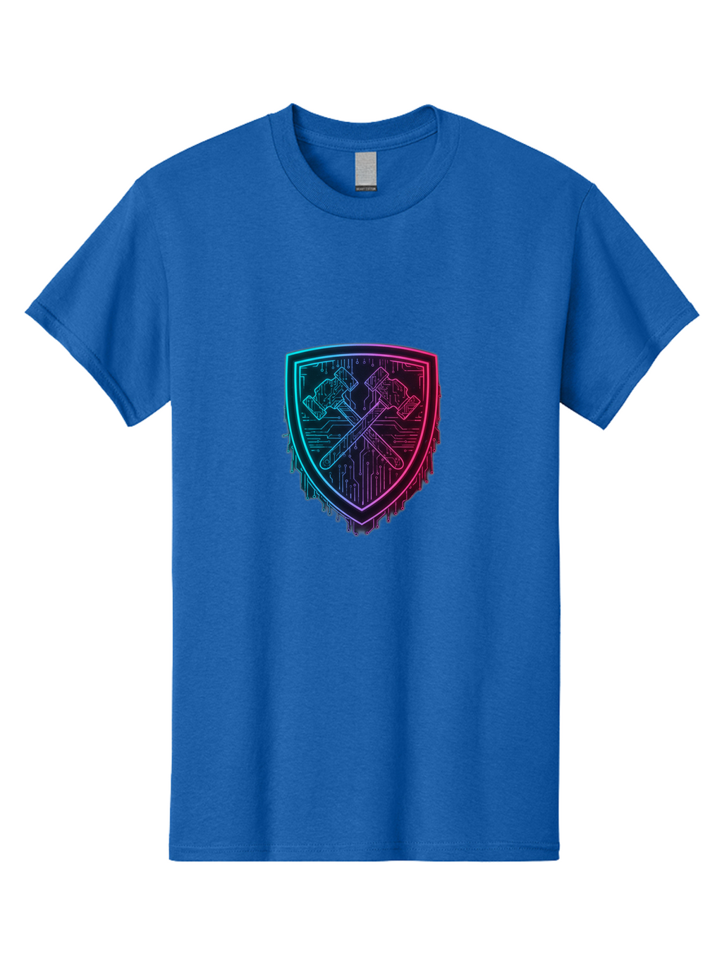 Crossed-Hammers-Shield Men'S Graphic Tee, 100% Cotton, Comfortable Casual Summer Wear, Machine Washable, Cyber Security Logo, Crossed Hammers Emblem, Shield Icon, Neon Lights, Futuristic Design, Tech Logo, Hammer And Shield Symbol, Bac938