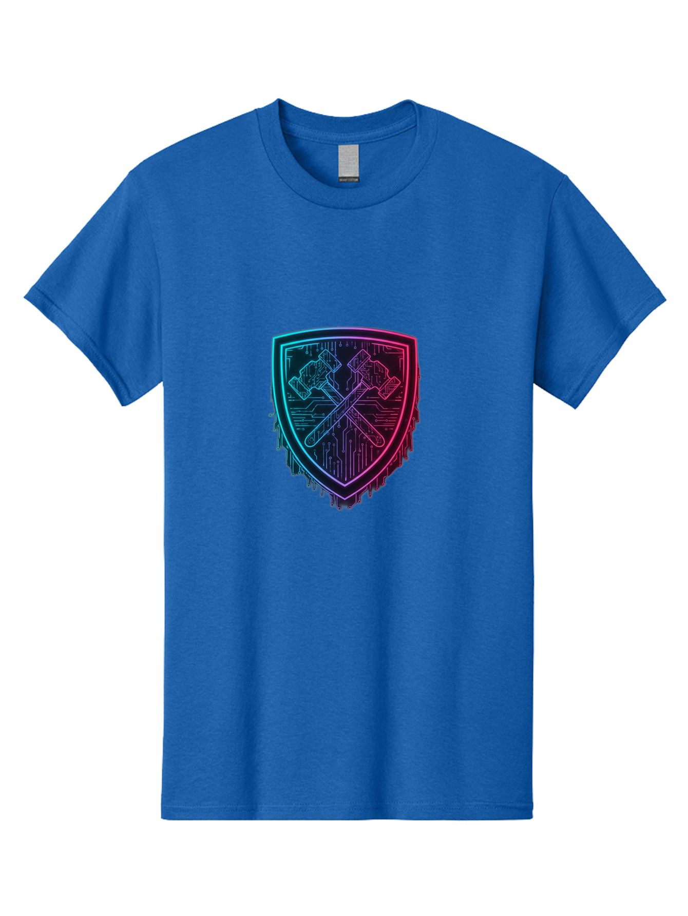 Crossed-Hammers-Shield Men'S Graphic Tee, 100% Cotton, Comfortable Casual Summer Wear, Machine Washable, Cyber Security Logo, Crossed Hammers Emblem, Shield Icon, Neon Lights, Futuristic Design, Tech Logo, Hammer And Shield Symbol, Bac938