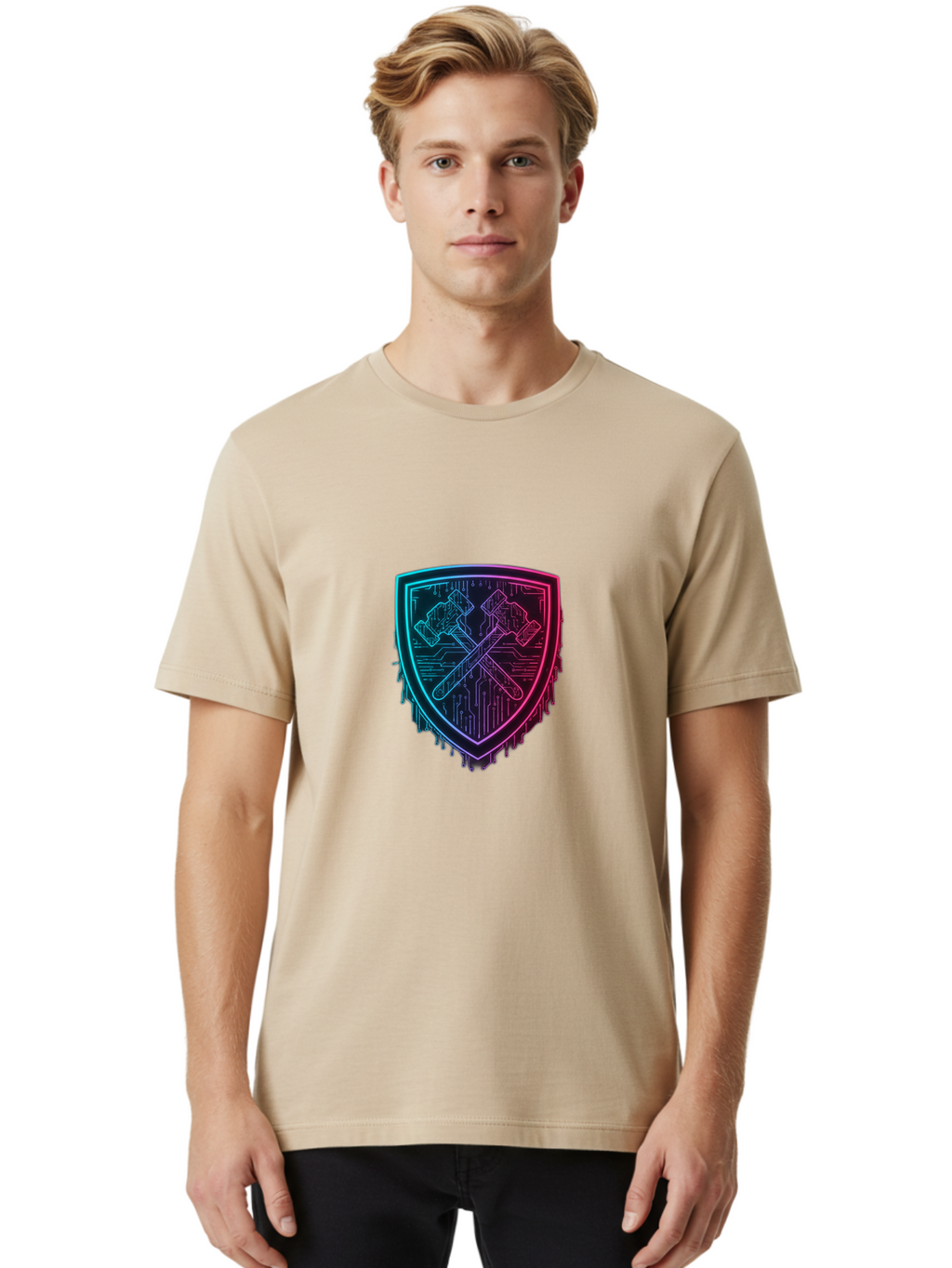 Crossed-Hammers-Shield Men'S Graphic Tee, 100% Cotton, Comfortable Casual Summer Wear, Machine Washable, Cyber Security Logo, Crossed Hammers Emblem, Shield Icon, Neon Lights, Futuristic Design, Tech Logo, Hammer And Shield Symbol, Bac938