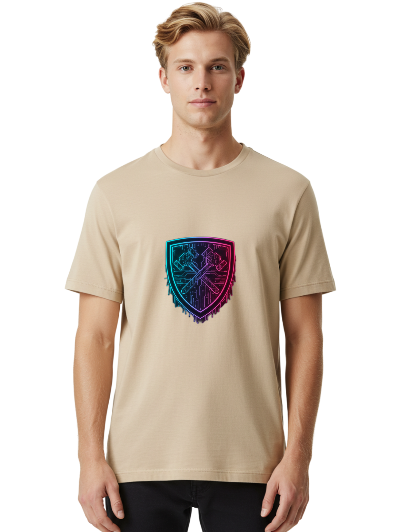 Crossed-Hammers-Shield Men'S Graphic Tee, 100% Cotton, Comfortable Casual Summer Wear, Machine Washable, Cyber Security Logo, Crossed Hammers Emblem, Shield Icon, Neon Lights, Futuristic Design, Tech Logo, Hammer And Shield Symbol, Bac938